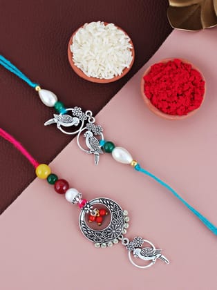 Lucky Jewellery Designer Oxidised Silver Birds Design Rakhi - Rakshabandhan Rakhee with Lumba Bracelet for Brother/Bhaiya/Bhai/Bhabhi - Pack of 2 (108-JPCR1-1952-S-2)