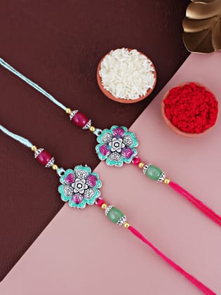 Lucky Jewellery Designer Oxidised Silver Meena Floral Rakhi - Rakshabandhan Rakhee Bracelet for Brother/Bhaiya/Bhai/Bhabhi - Pack of 2 (108-CHR1-1966-MNTR-S-2) Lucky Jewellery Designer Oxidised Silver Meena Floral Rakhi - Rakshabandhan Rakhee Bracelet for Brother/Bhaiya/Bhai/Bhabhi - Pack of 2 (108-CHR1-1966-MNTR-S-2)