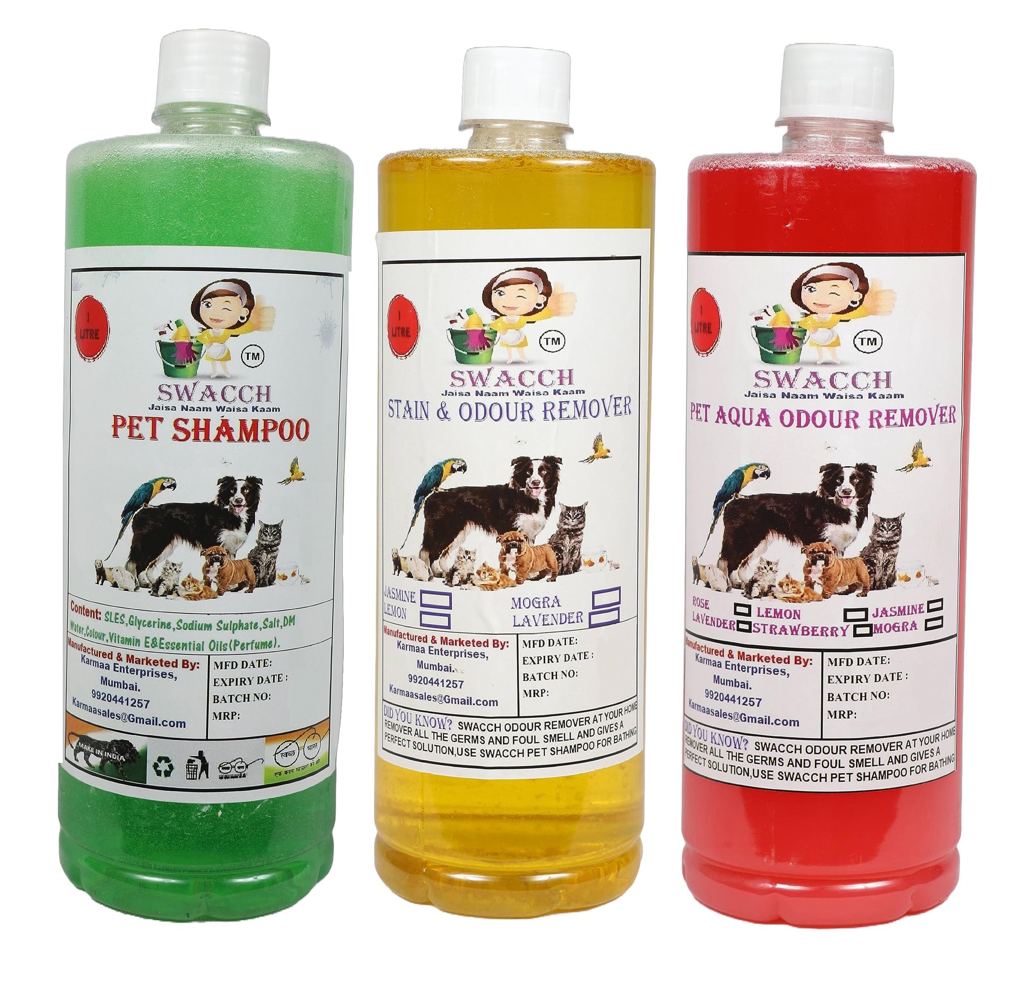 Swacch Shampoo (Neem Alovera) + Deodorizer (Lemon) + Stain Remover (Strawberry) 1 Litre Each