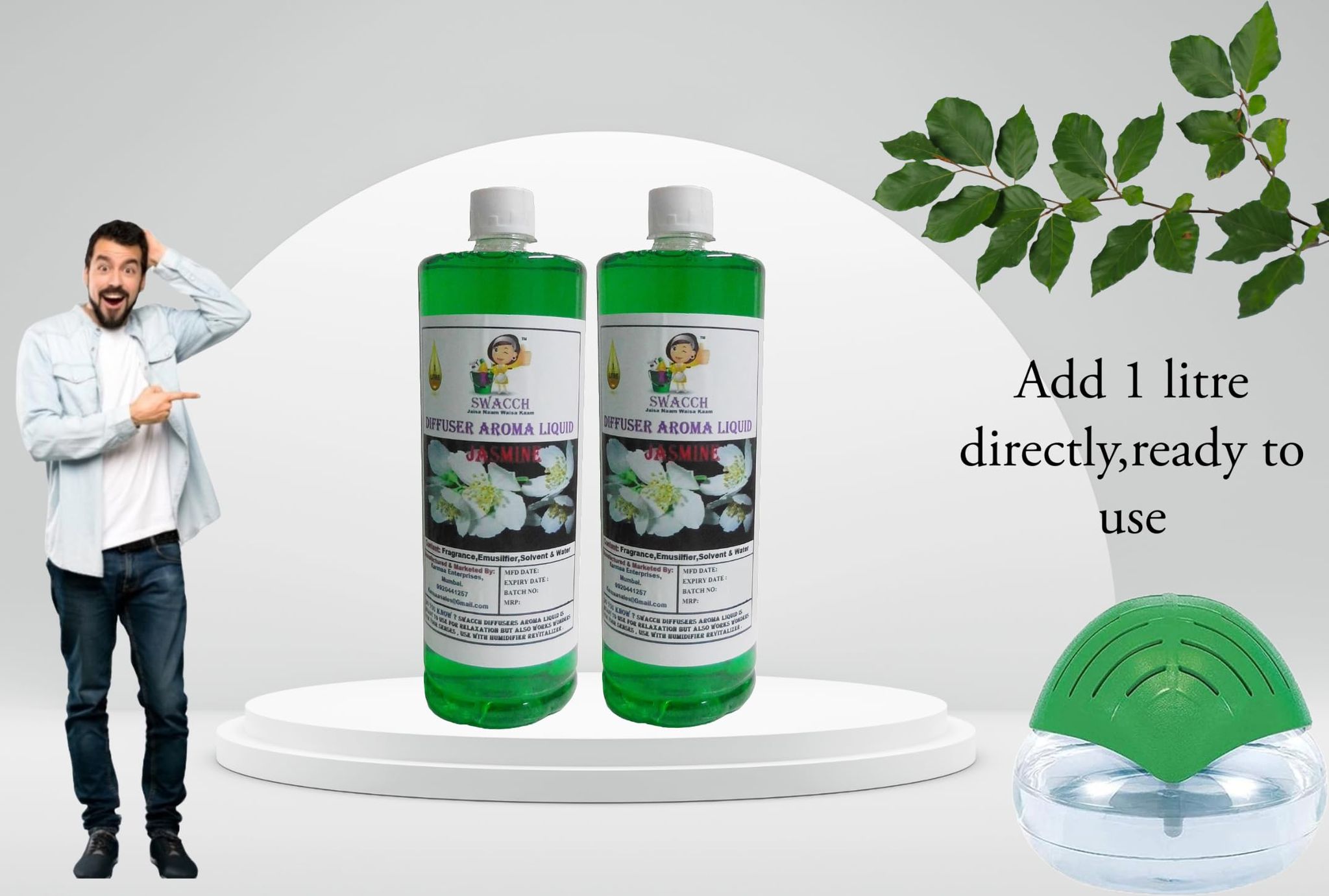 Swacch Diffuser Aroma Liquid (1 Litre) (Pack of 2) Jasmine