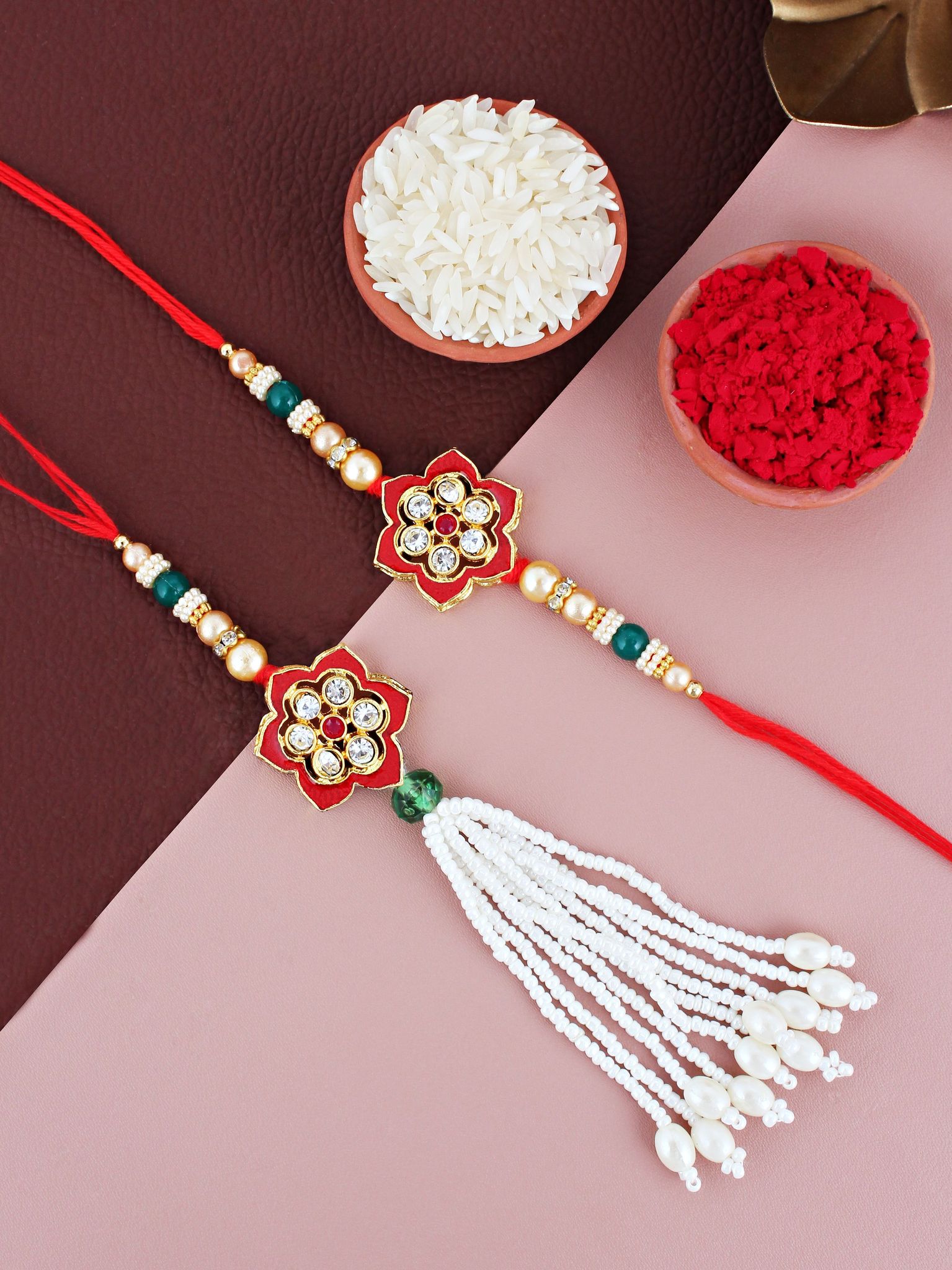 Lucky Jewellery Designer Maroon Color Meena Floral Rakhi - Rakshabandhan Pearl Stone Rakhee with Lumba Bracelet for Brother/Bhaiya/Bhai/Bhabhi - Pack of 2 (118-JPCR1-1847-M-2)
