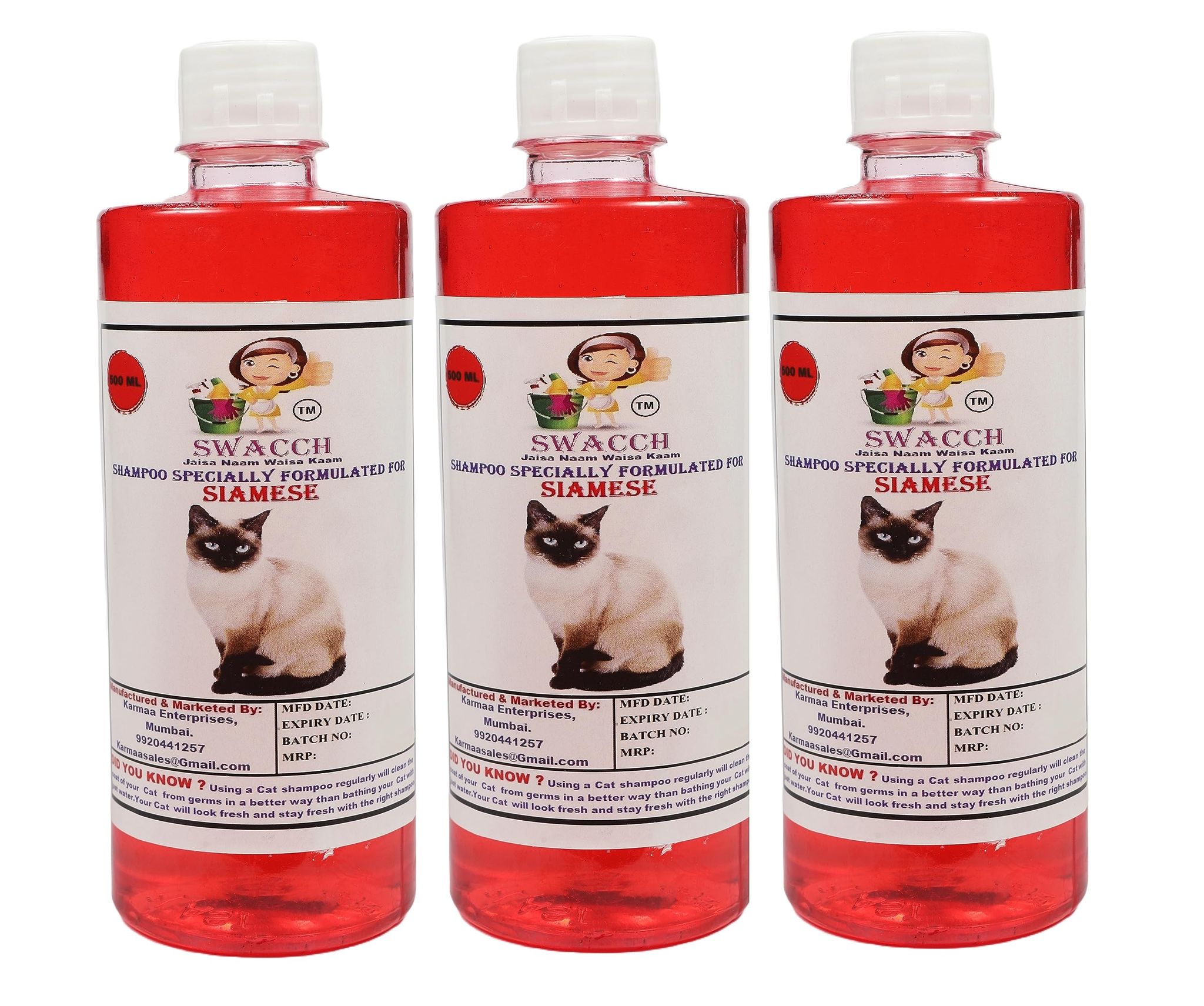 SWACCH Shampoo Specially FORMULATED for Siamese (500ML) (Combo Pack of 3) Strawberry