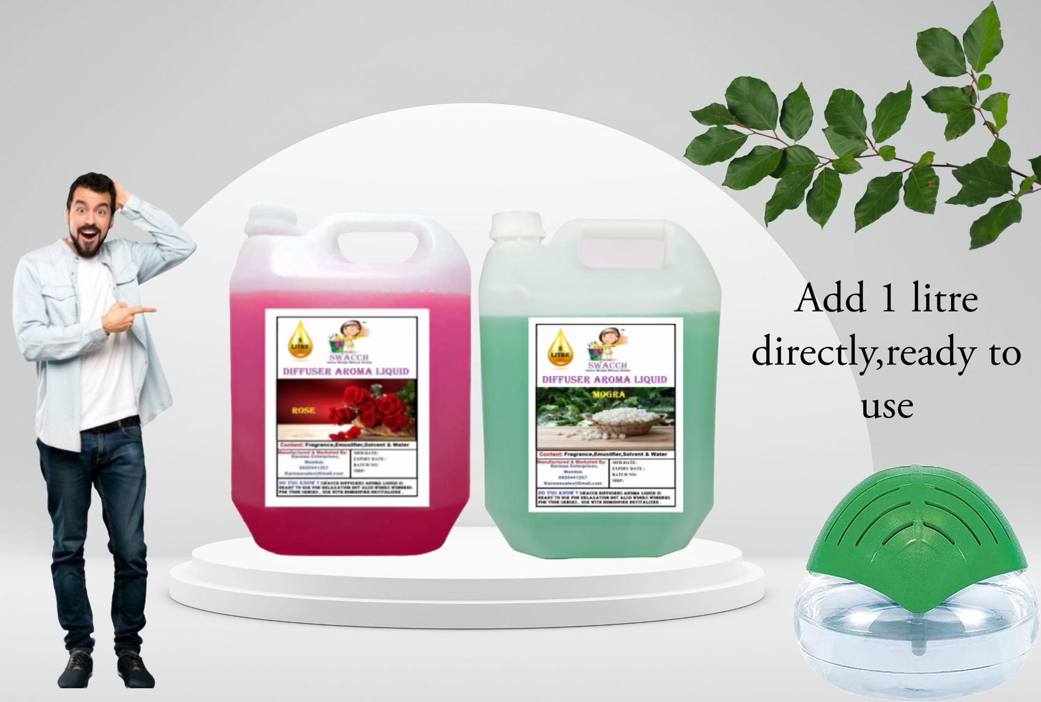 Swacch Diffuser Aroma Liquid (5 Litre) (Pack of 2) Rose & Mogra