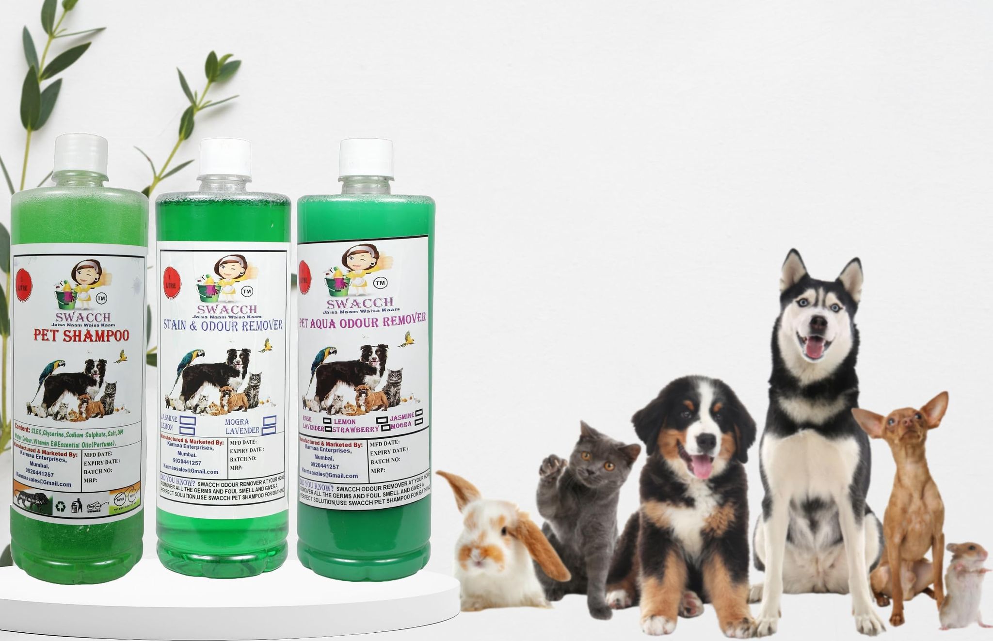 Swacch Shampoo (Neem Alovera) + Deodorizer (Mogra) + Stain Remover (Jasmine) 1 Litre Each