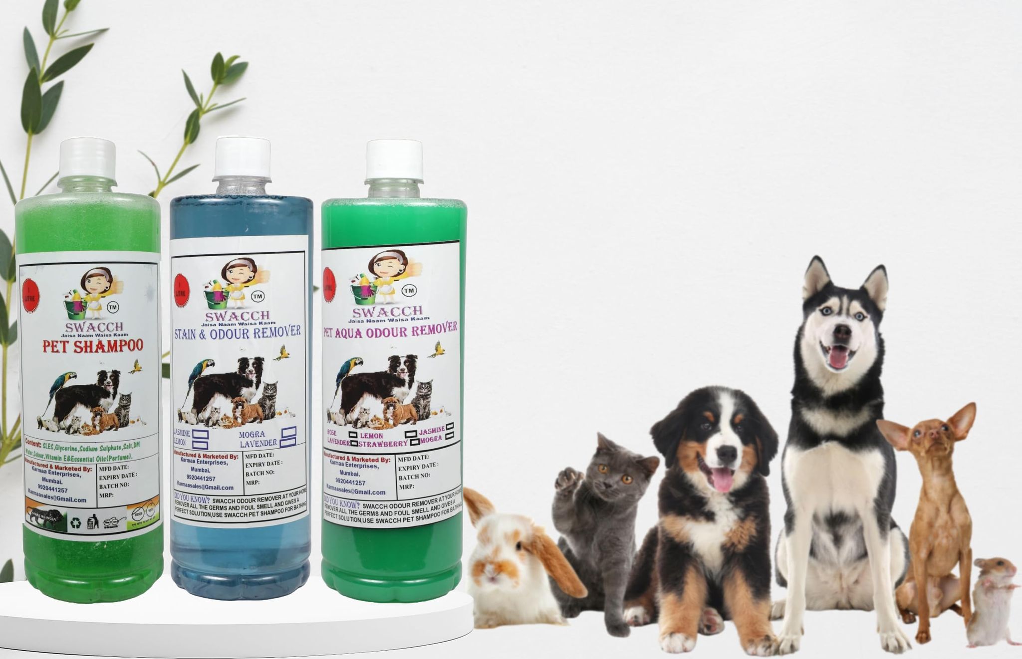 Swacch Shampoo (Neem Alovera) + Deodorizer (Lavender) + Stain Remover (Jasmine) 1 Litre Each