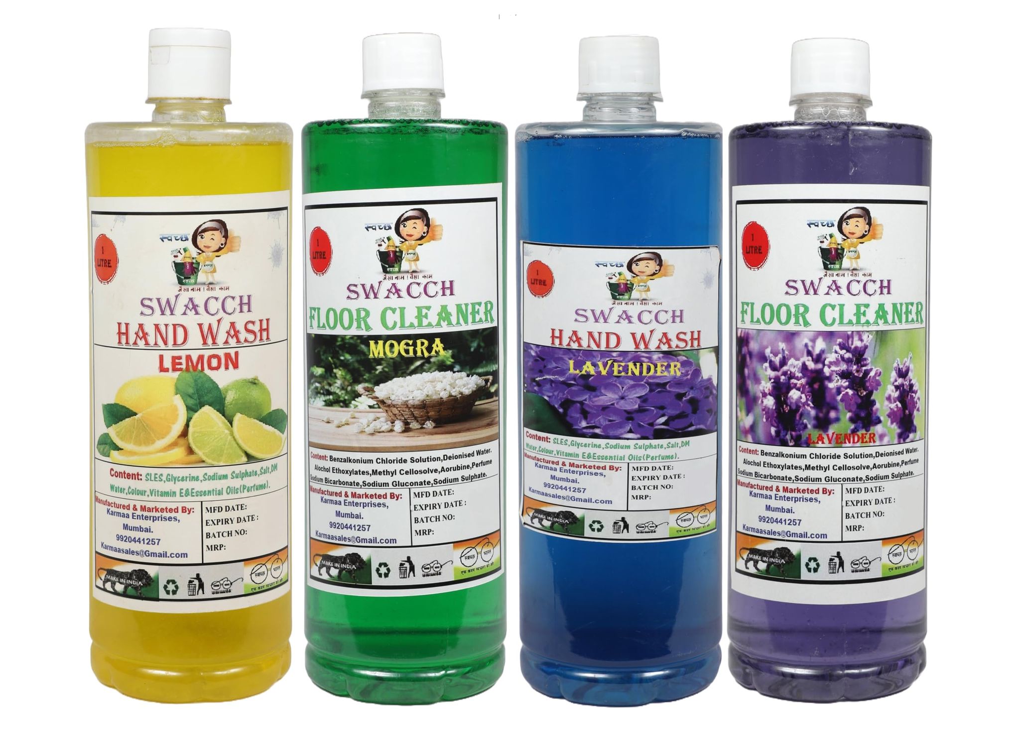 Swacch Home Care Combo Hand Wash & Floor Cleaner (1 Litre) (Pack of 4) Lemon, Lavender & Mogra