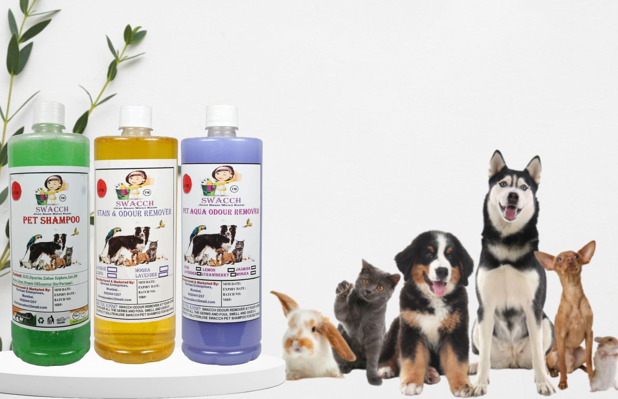 Swacch Shampoo (Neem Alovera) + Deodorizer (Lavender) + Stain Remover (Lemon) 1 Litre Each