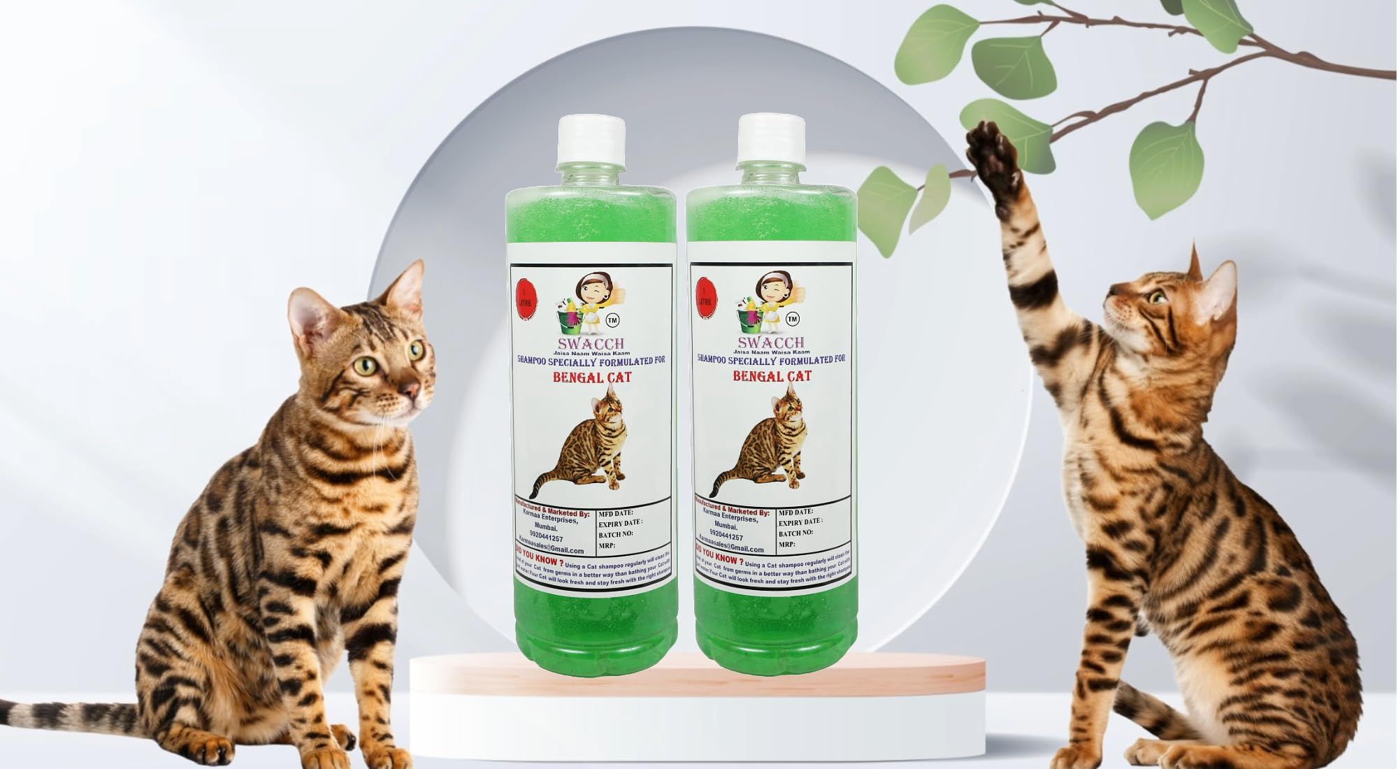 SWACCH Shampoo Specially FORMULATED for Bengal Cat (1 Litre) (Pack of 2) NEEM ALOVERA