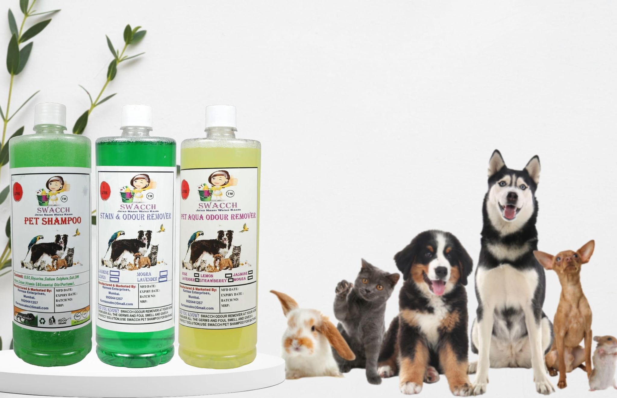 Swacch Shampoo (Neem Alovera) + Deodorizer (Jasmine) + Stain Remover (Lemon) (1 Litre) (Combo Pack of 3)