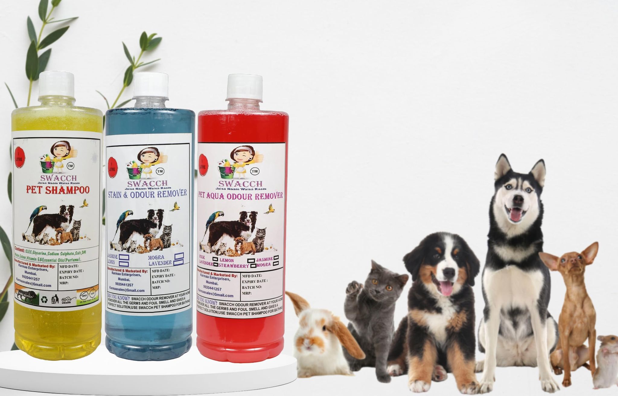 Swacch Shampoo (Lemon) + Deodorizer (Lavender) + Stain Remover (Rose) 1 Litre Each