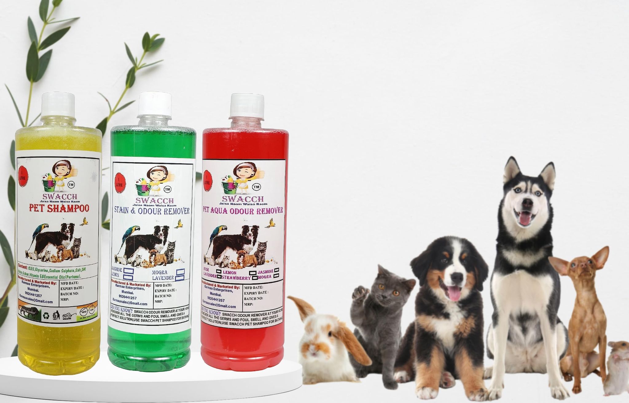 Swacch Pet Grooming Kit Shampoo (Lemon) + Deodorizer (Strawberry) + Stain Remover (Mogra) 1 Litre Each