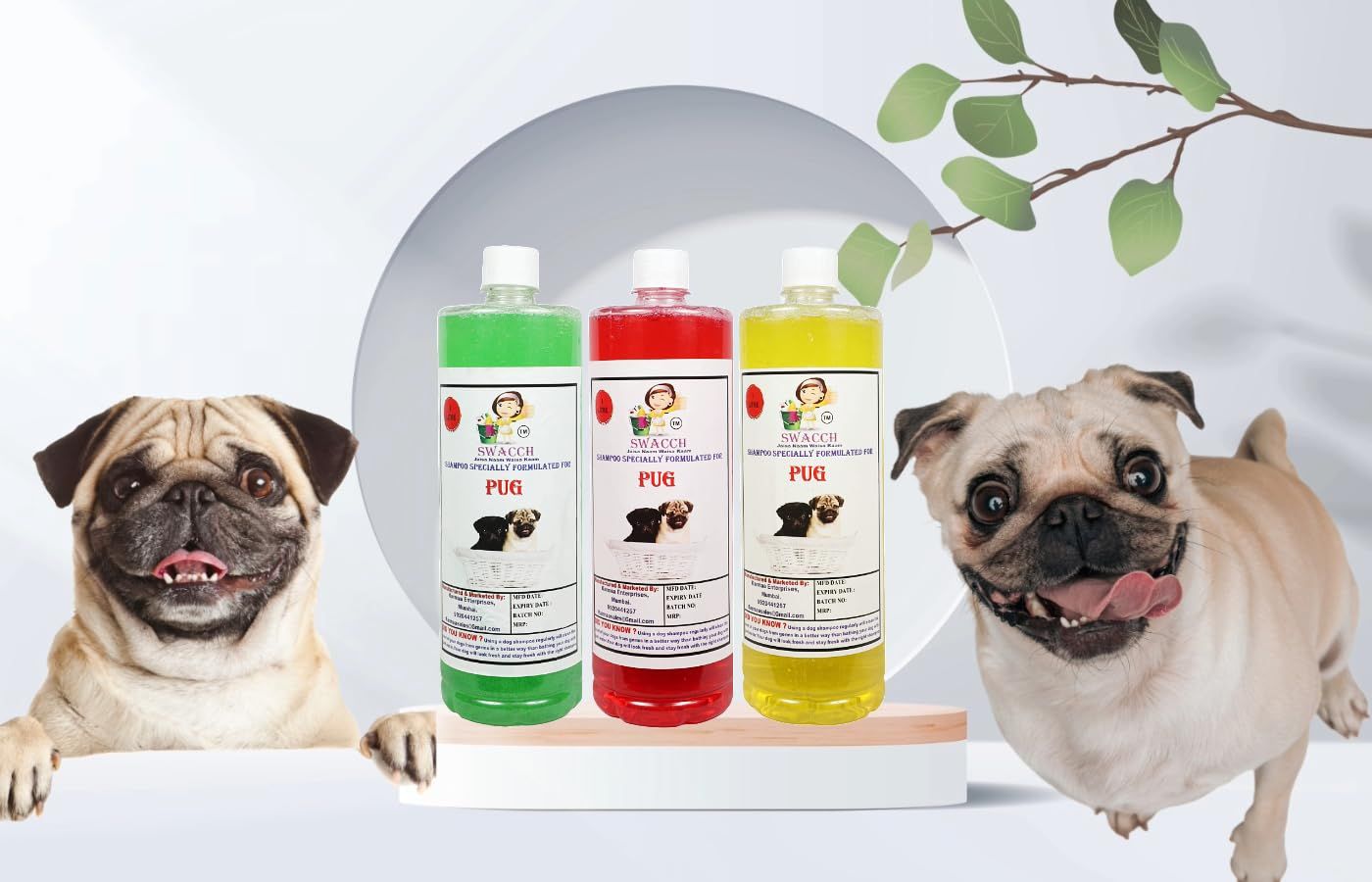 SWACCH Shampoo Specially FORMULATED for Pug (1 Litre) (Combo Pack of 3) NEEM ALOVERA, Jasmine & Lemon