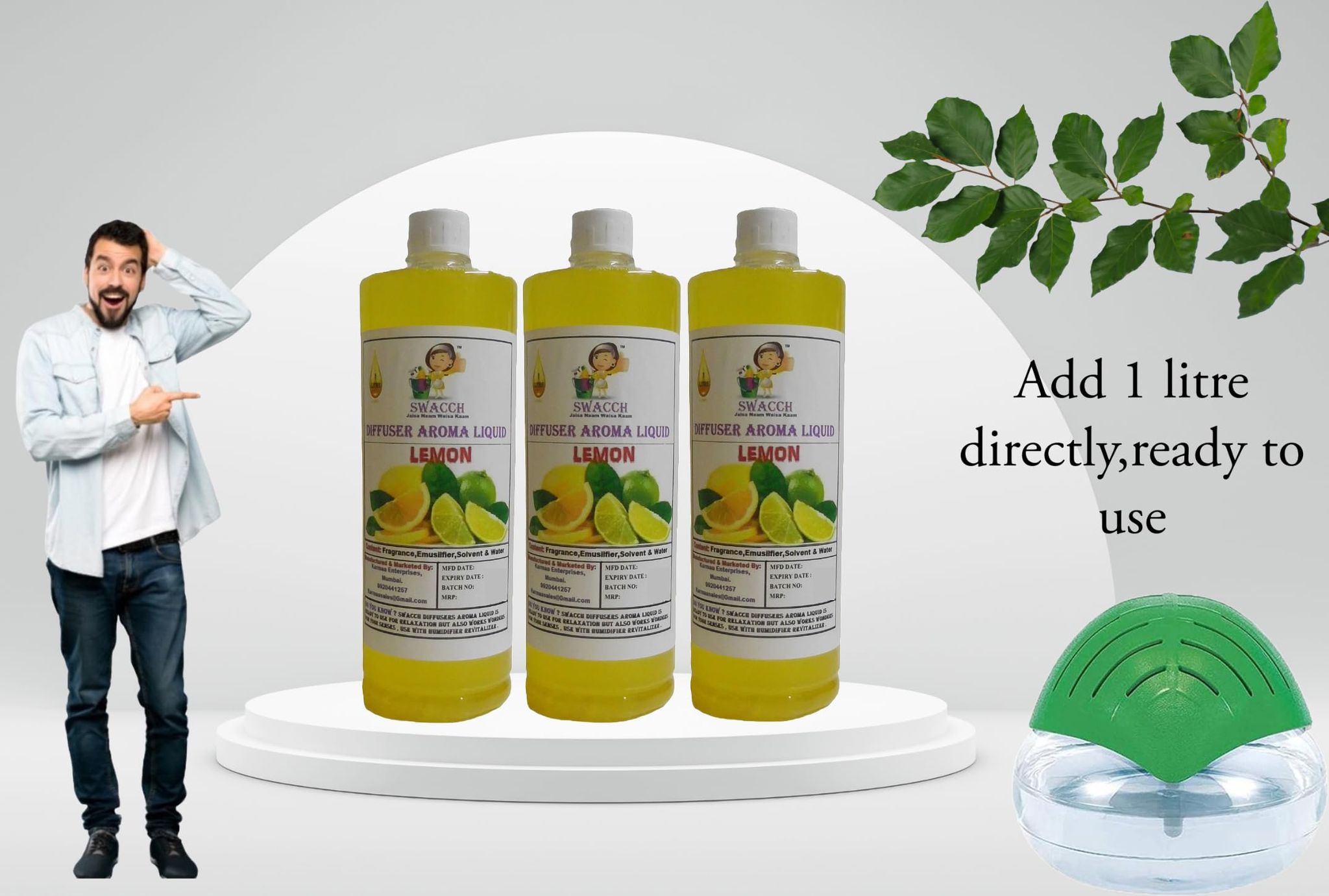 Swacch Diffuser Aroma Liquid (1 Litre) (Pack of 3) Lemon