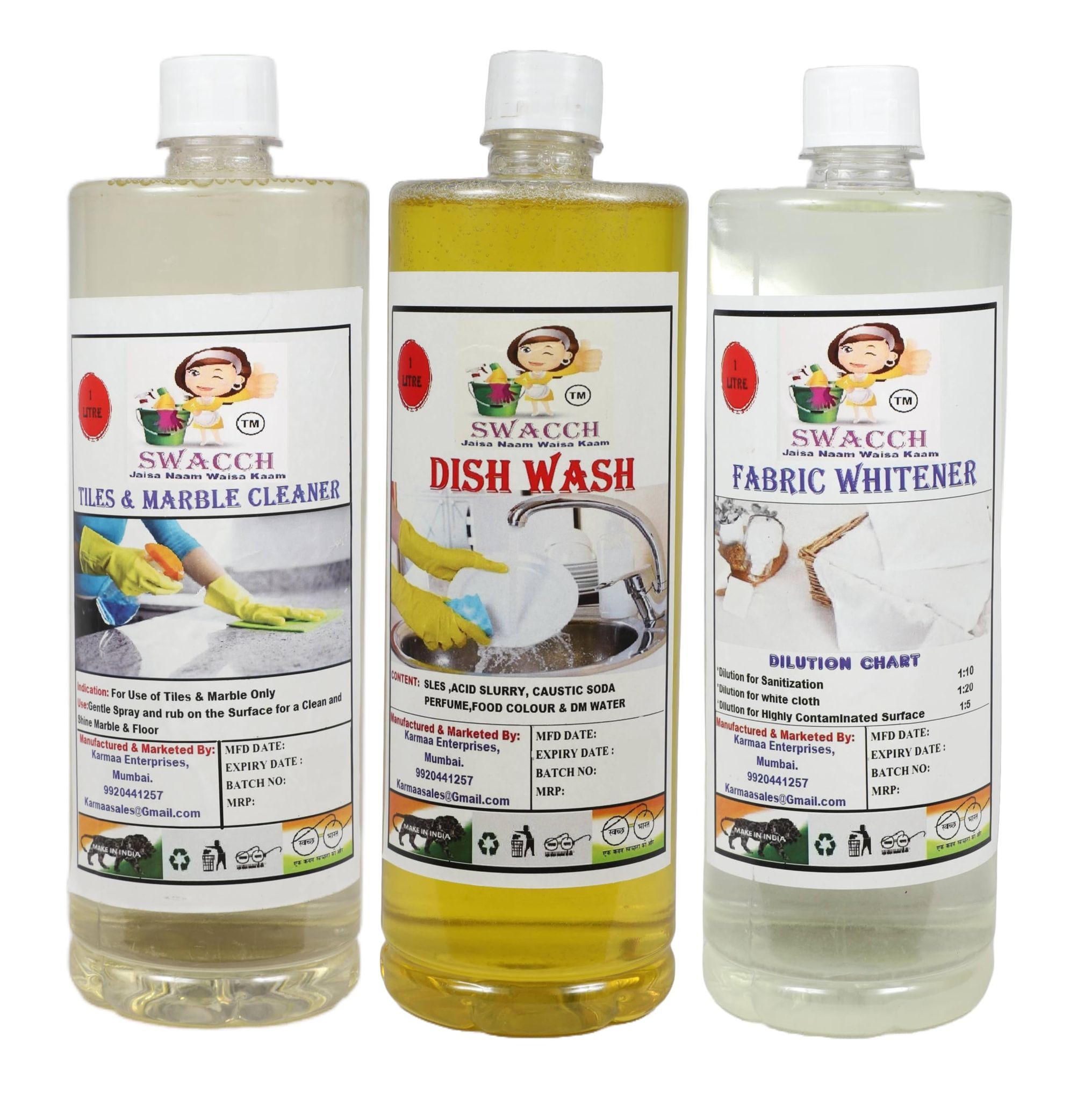 HOME CARE COMBO Tiles & Marble Cleaner, Dish Wash Lemon & Fabric Whitener 1 Litre (Pack of 3)