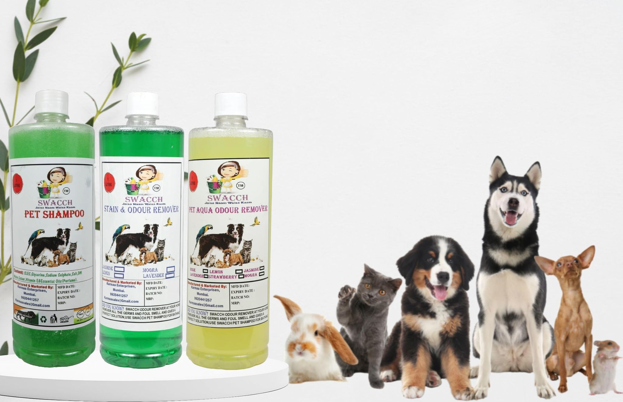 Swacch Shampoo (Neem Alovera) + Deodorizer (Lemon) + Stain Remover (Jasmine) (1 Litre) (Pack of 3)