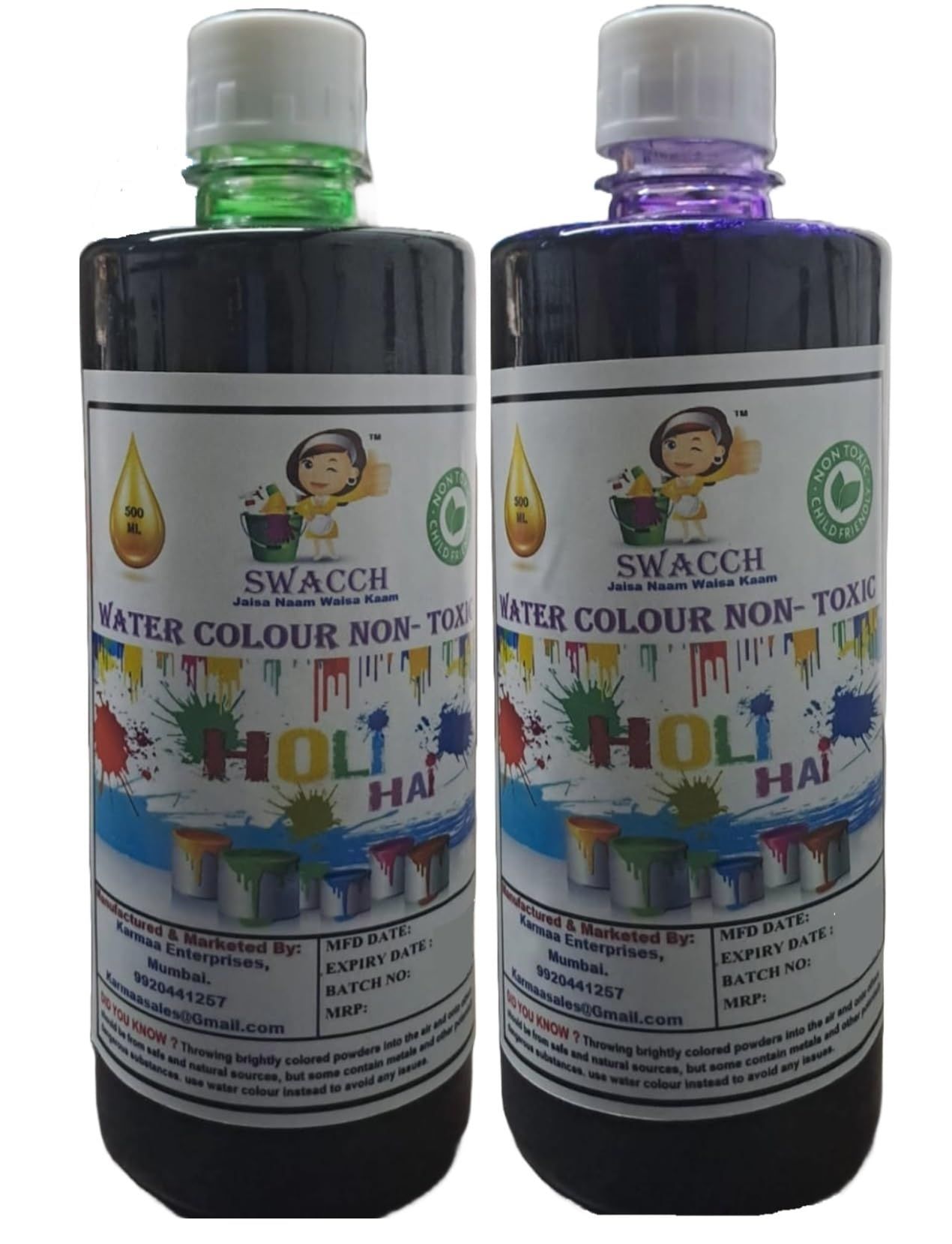 SWACCH WATER COLOUR NON-TOXIC & ECO FRIENDLY COLOUR (GREEN & PURPLE) (500ML) (PACK OF 2)