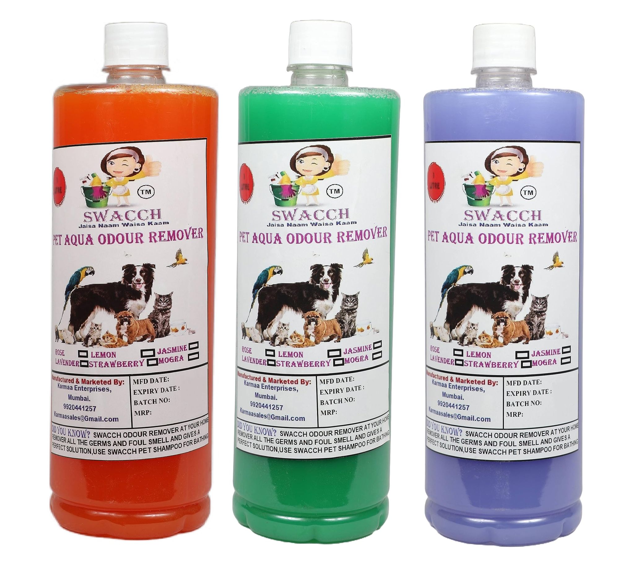 Swacch PET Aqua Odour Remover (1 Litre) (Combo Pack of 3) Orange, Jasmne & Lavender