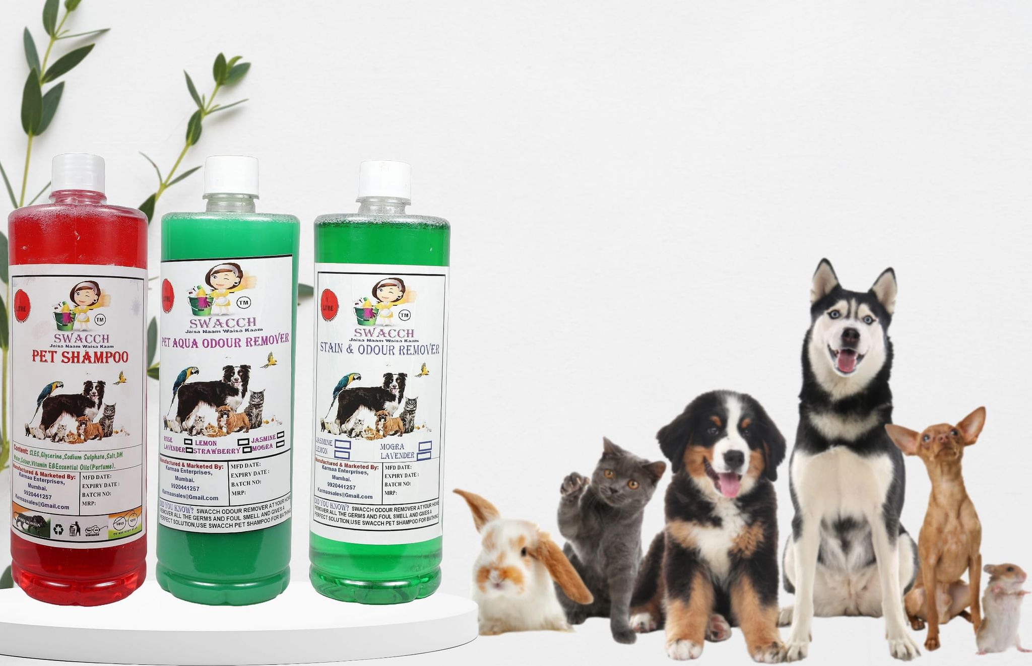 Swacch Shampoo (Strawberry) + Deodorizer (Mogra) + Stain Remover (Jasmine) 1 Litre Each