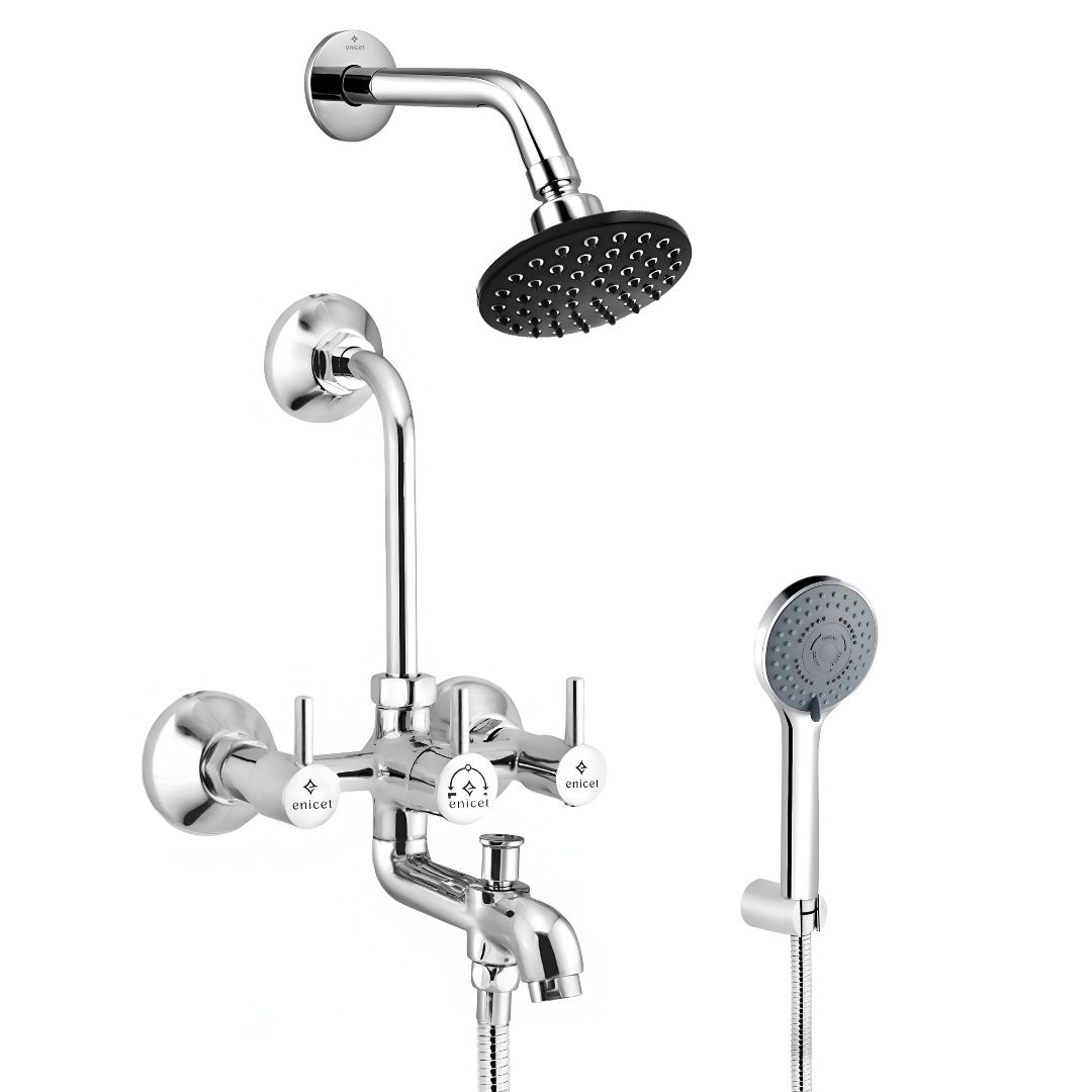 Enicet 3 in1 Wall Mixer with Overhead Shower and Handshower, Brass Build, Chrome Plated, 3 Function Handshower