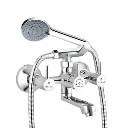 Enicet Brass Wall Mixer With Crutch For Handshower, Wall Mixer with Telephonic Shower, Chrome Plated, 3 Function Handshower