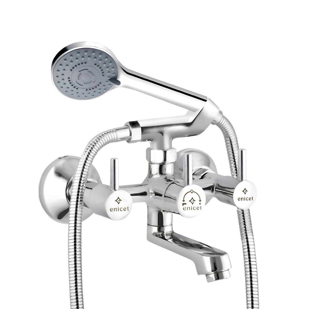 Enicet Brass Wall Mixer With Crutch For Handshower, Wall Mixer with Telephonic Shower, Chrome Plated, 3 Function Handshower