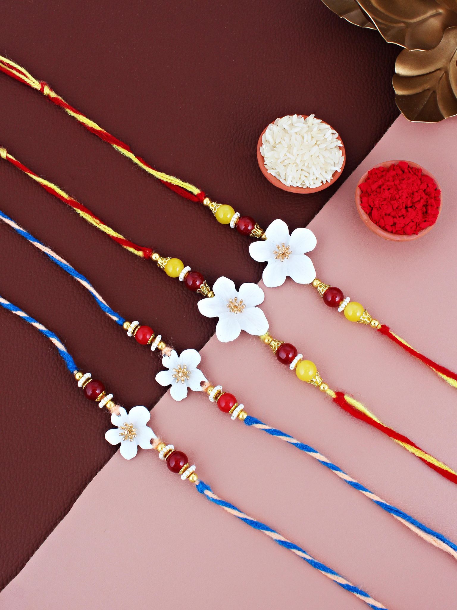 Lucky Jewellery Designer White Color Floral Rakhi - Rakshabandhan Rakhee Bracelet for Brother/Bhaiya/Bhai/Bhabhi - Pack of 4 (170-CHR1-1211-W-4)