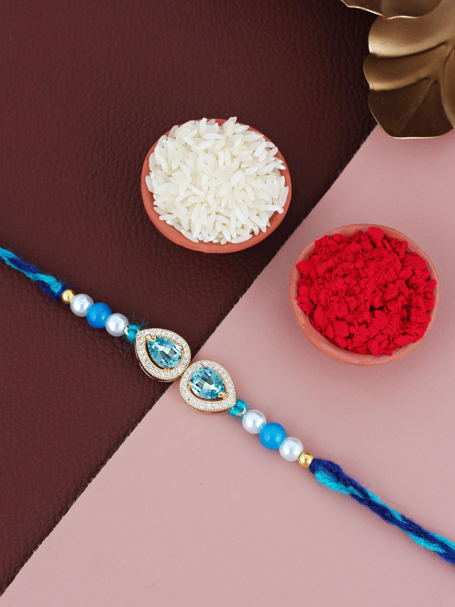 Lucky Jewellery Designer Turquoise Color Stone Rakhi - Rakshabandhan Pearl Rakhee Bracelet for Brother/Bhaiya/Bhai/Bhabhi - Pack of 1 (176-CHR1-1279-FB-1)