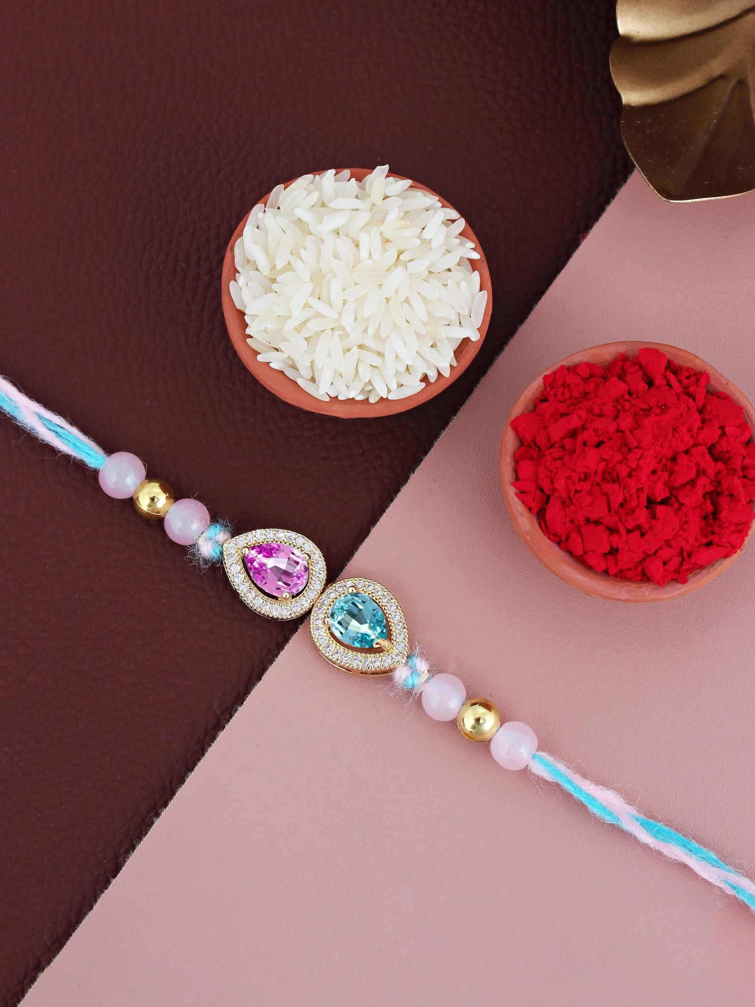 Lucky Jewellery Designer Pink & Turquoise Color Stone Rakhi - Rakshabandhan Pearl Rakhee Bracelet for Brother/Bhaiya/Bhai/Bhabhi - Pack of 1 (176-CHR1-1279-PKF-1)