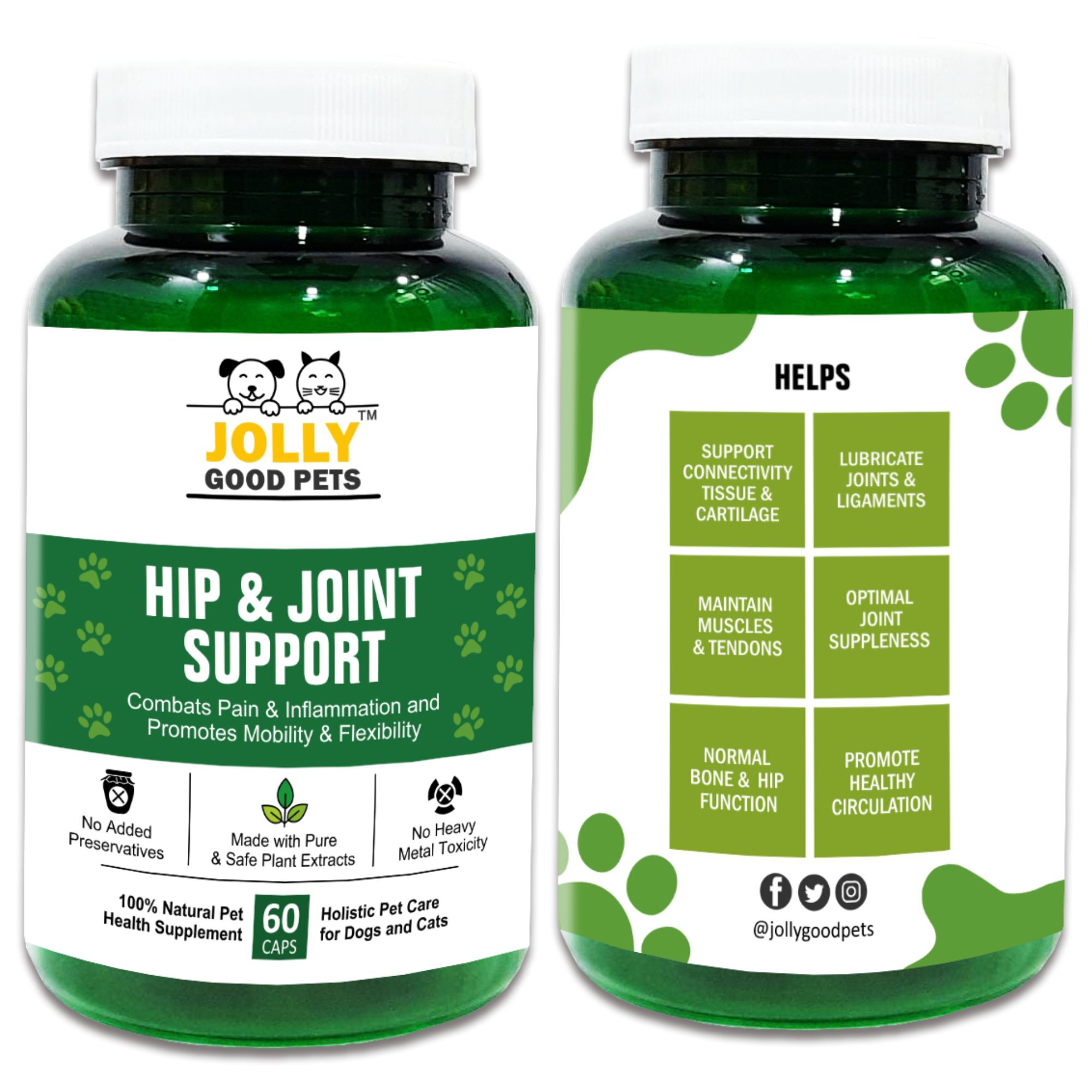 Jolly Good Pets Hip & Joint Support Supplement for Dogs & Cats I 100% Plant-Based I Improves Mobility & Agility I 60 Capsules
