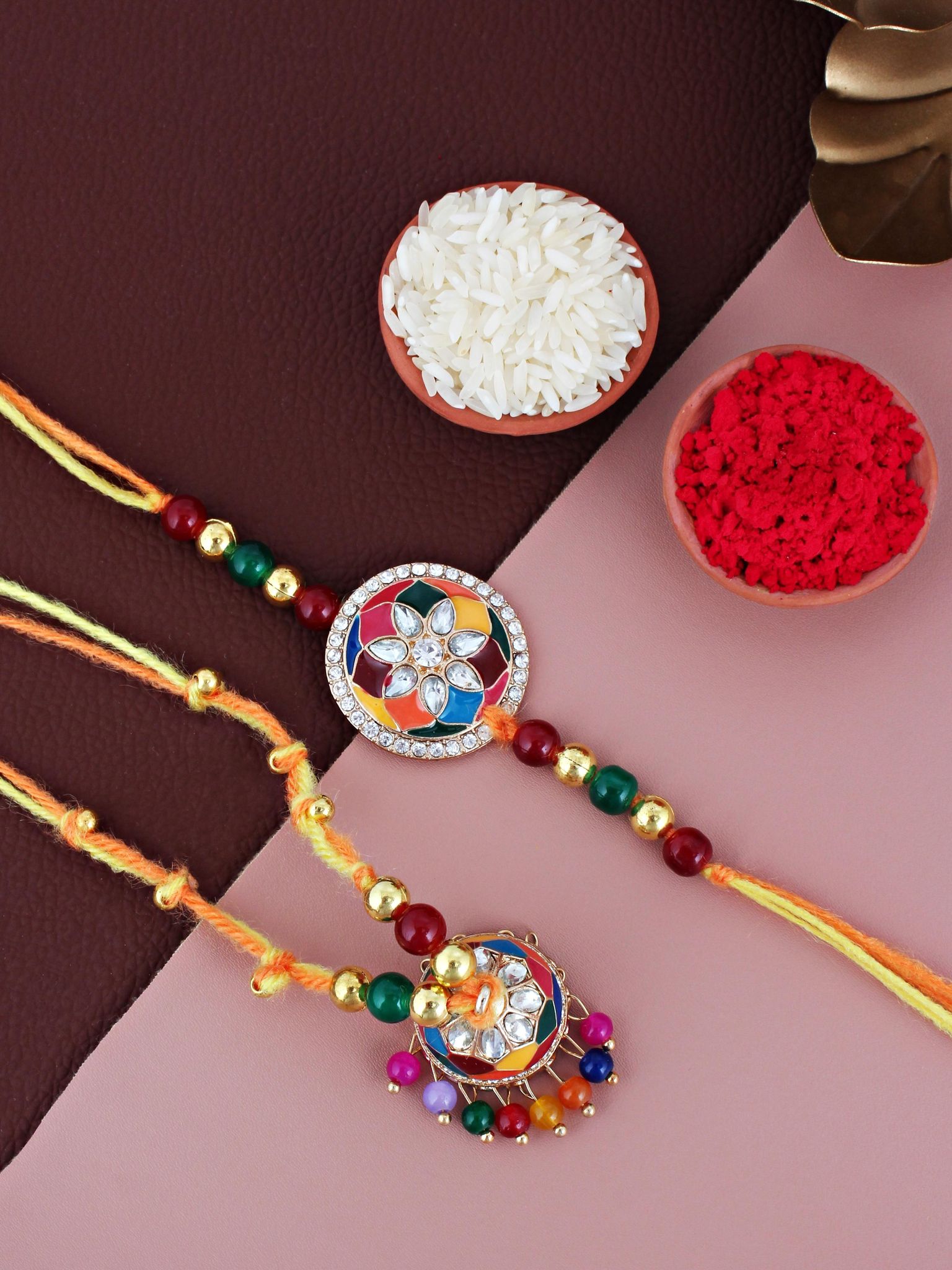 Lucky Jewellery Designer Gold Plated Multi Meena Stone Rakhi - Rakshabandhan Rakhee with Tasseled Lumba Bracelet for Brother Bhaiya Bhai Bhabhi - Pack of 2 (325-CHCR1-1152-MT-2)