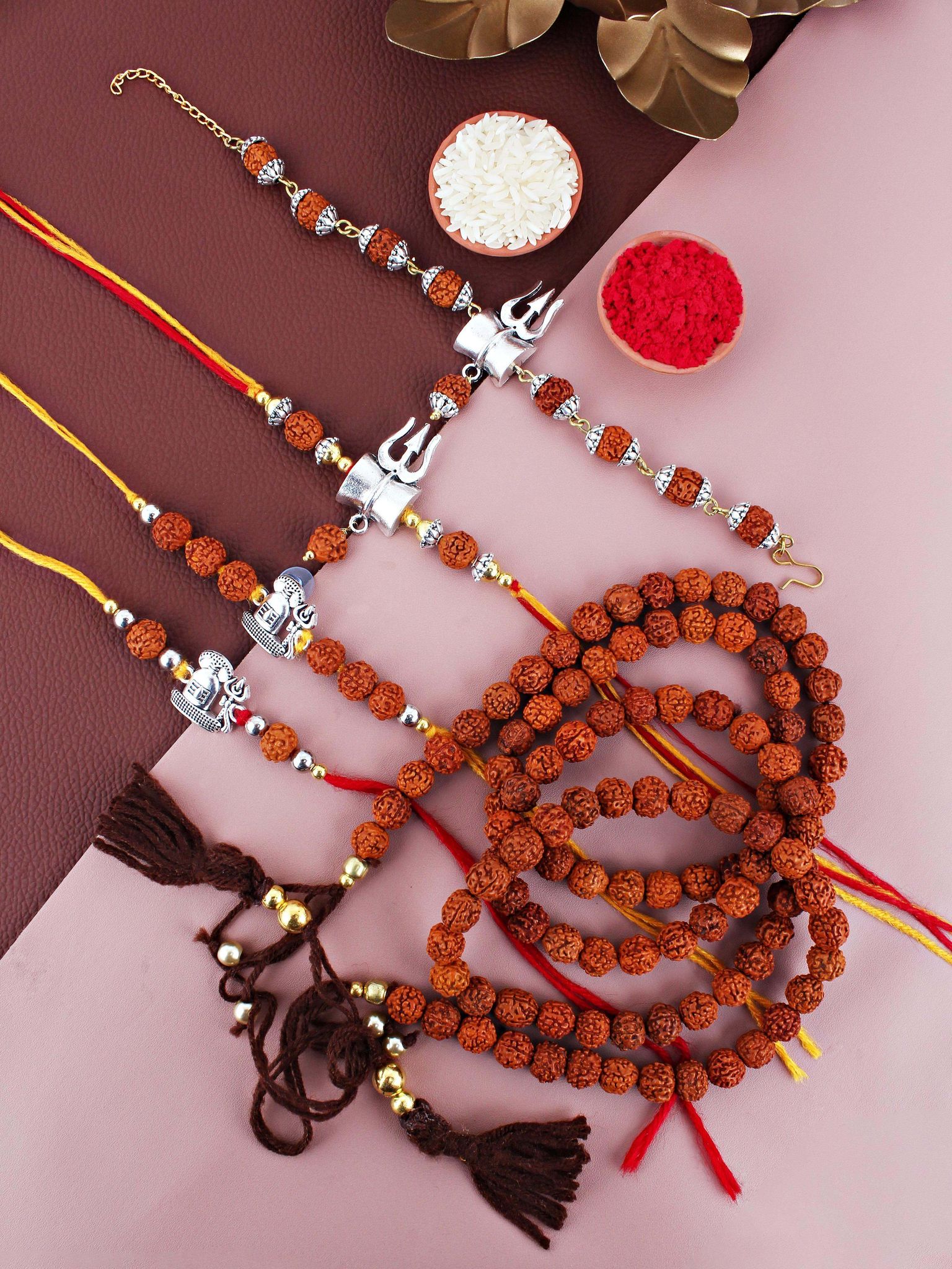 Lucky Jewellery Designer Religious Shiva Rakhi - Rakshabandhan Multi Layered 108 Beads Immitation Rudraksh Combo Rakhee Lumba Bracelet for Brother Bhaiya Bhai Bhabhi - Pack of 5 (718-JPR1-1994-5)