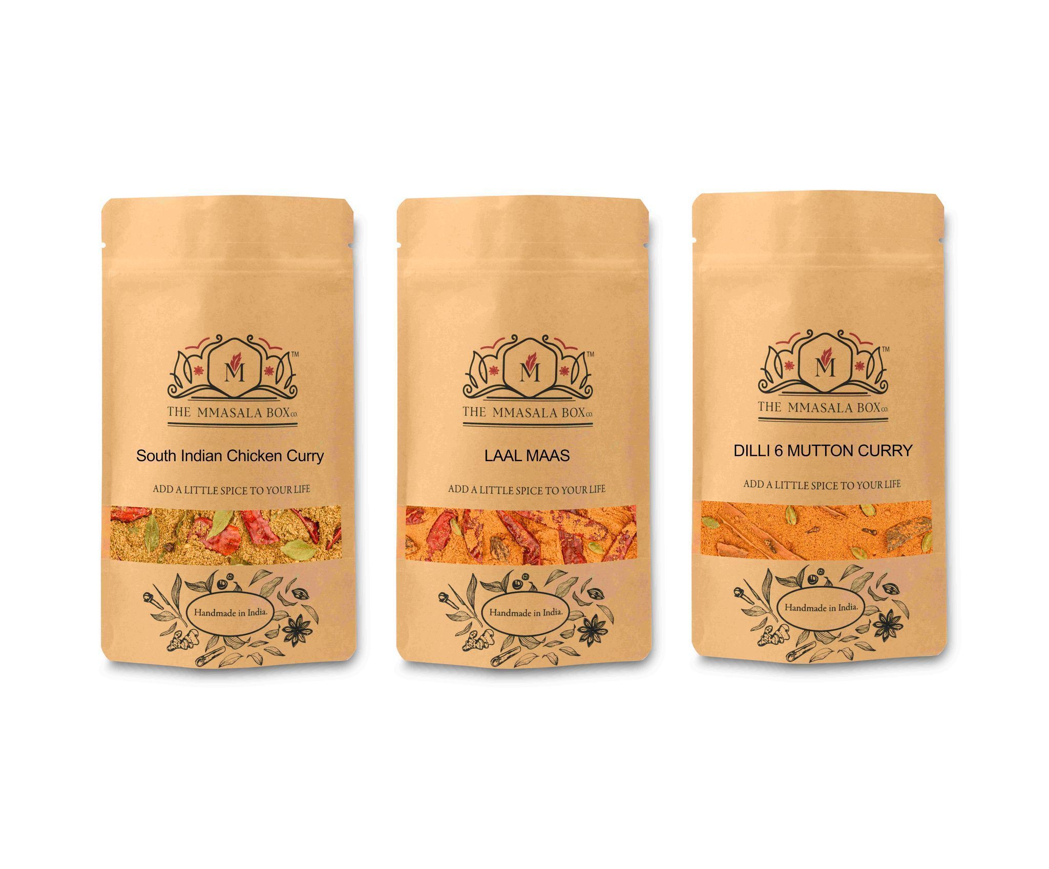 Mmasala Box Co. Authentic Indian Curry Spice Blends: South Indian Chicken Curry, Laal Maas, Dilli 6 Mutton Curry