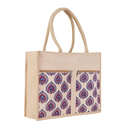Raiganj Crafts Natural Charm: Jute Handbags - Fashion Statement Reusable Print Jute Cloth for Lunch Tiffin Bag with Zip and Jute Handle for Men Women and Children