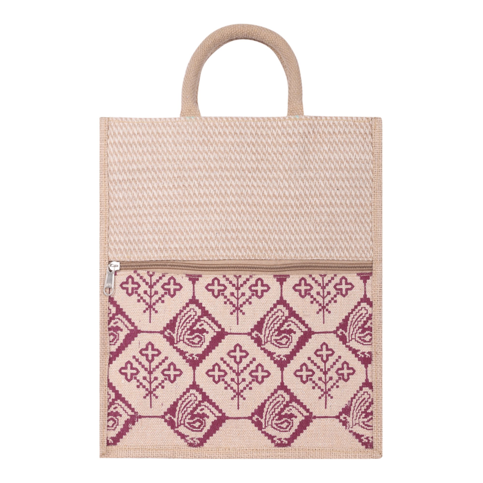 Raiganj Crafts : Jute Totes Bags for Women & Men Shopping Tote Bag Grocery Bags Travel Bag / Bag for Shopping/Tiffin/Picnic/Grocery/Gym Hand Bag with Zip and Jute Handle