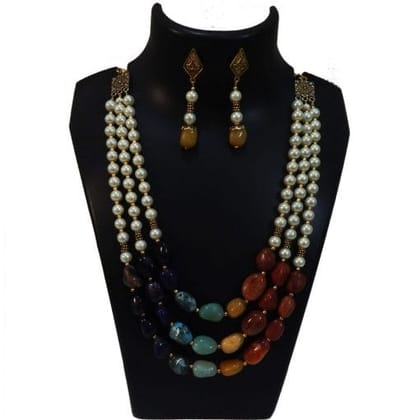 GEMSTONE MULTICOLOR TUMBLE & SYNTHETIC PEARL 7 CHAKRA NECKLACE