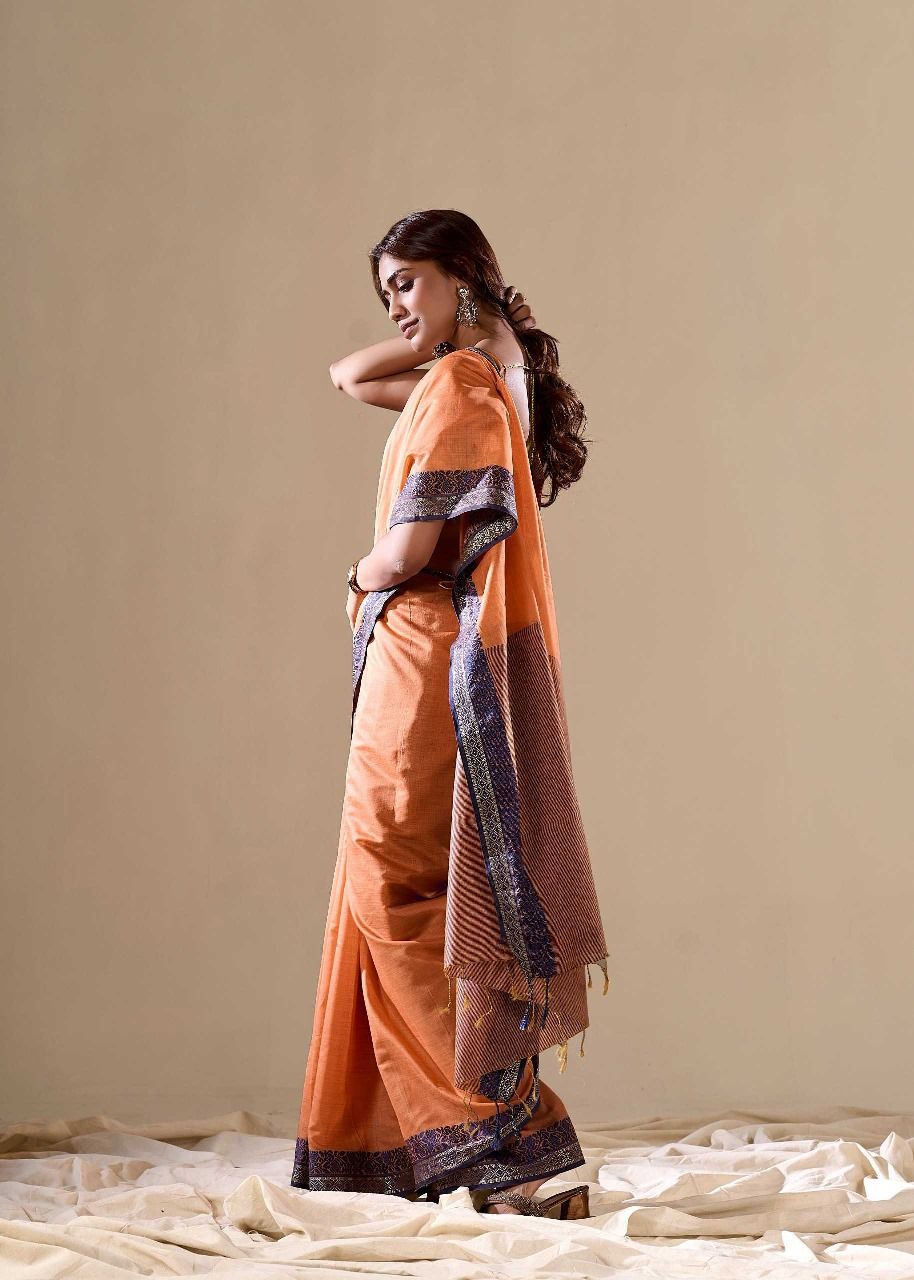 Orange Handloom Cotton  Saree