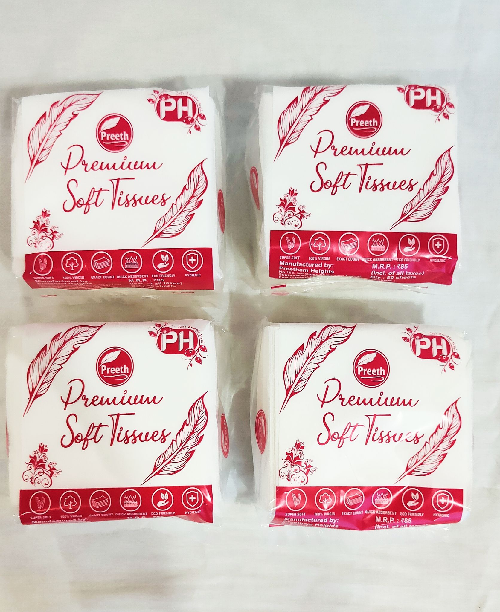 Preeth Premium Soft Tissue Papers for Home and Office, 80 Pulls -1 Ply, Size 27x 30cms -Ultra Soft & High Absorbent Pack Of 4, 320 Pulls