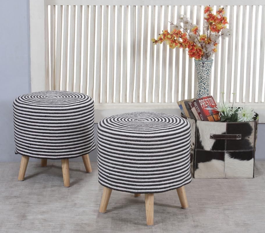 ShadowKart Jute Pouffes Sitting Stool for Living Room Puffy Wooden Ottoman Stools Cotton Knitted Pouf Footstool for Office Home Decor, 42x42x43Cm