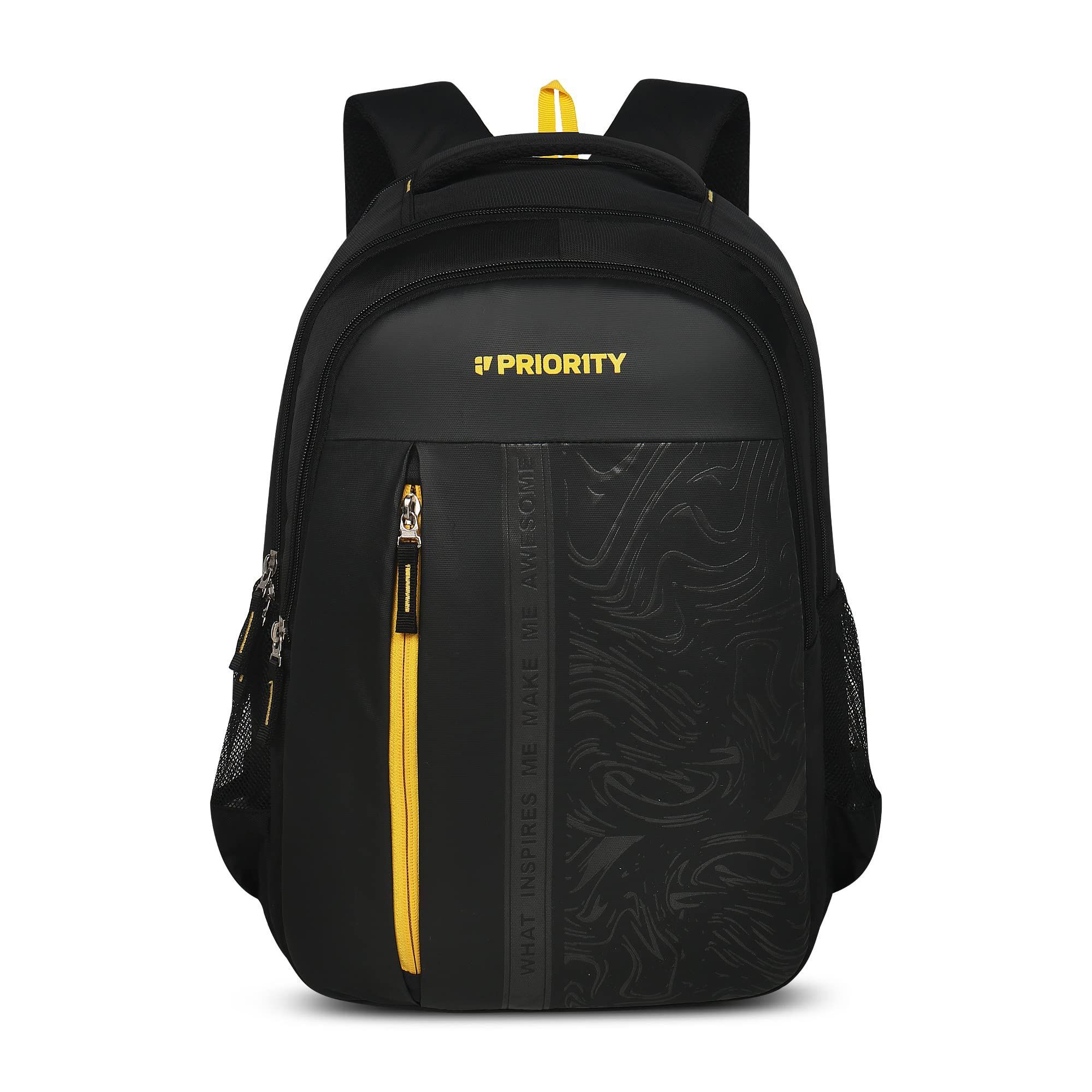 Priority What Inspires me Make me Awesome 35 Liters Black Polyester Stylish College Bag | With Waterproof Rain & Dust Cover | Backpack Unisex Bag for Men & Women (Scholar 005-25902)