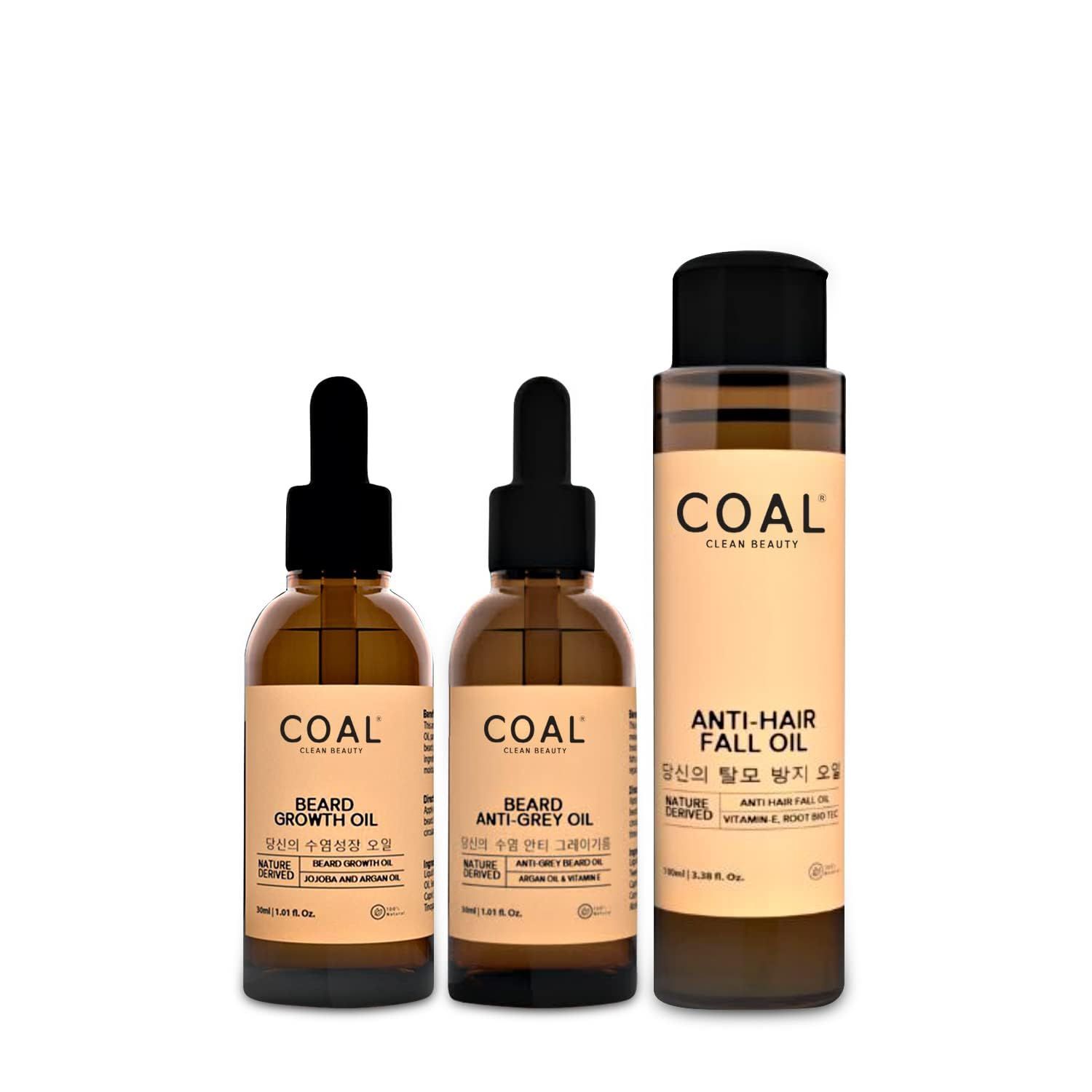 COAL Clean Beauty Complete Hair Care Combo Pack for Men | Anti-Hair Fall Oil, Beard Growth Oil & Beard Anti-Grey Oil | Controls Hair Fall