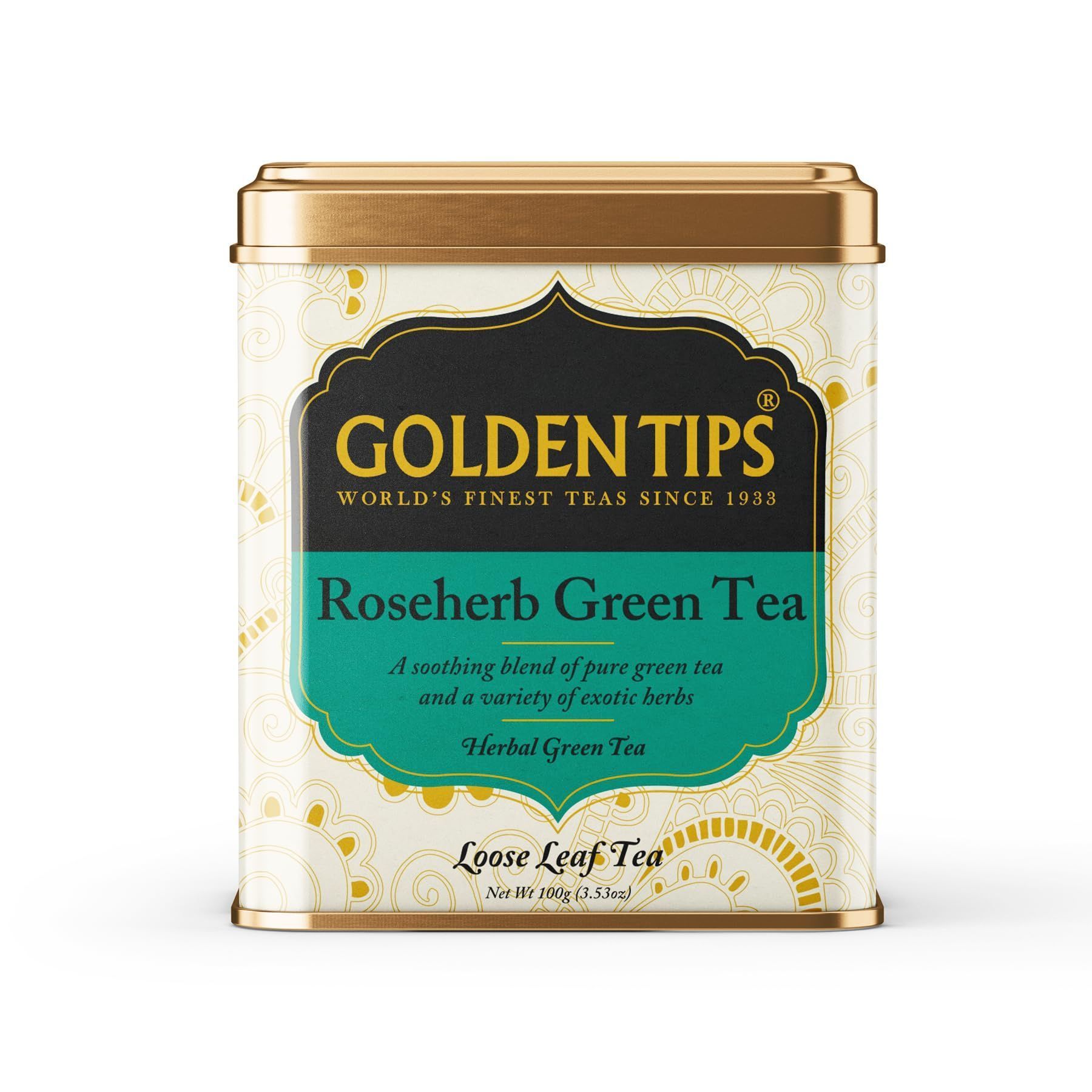 Golden Tips TEA | Healthy/Natural and Organic Loose Leaves Rose-Herb Green Tea Tin Can (100 Gram, 50 cups)