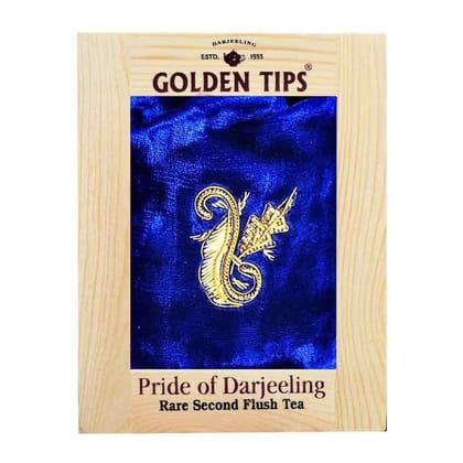 Golden Tips Rare Second Flush Darjeeling Tea Pinewood Box in The Packing of Zardosi Work on Velvet Pouch (100 Gram, 50 Cups)