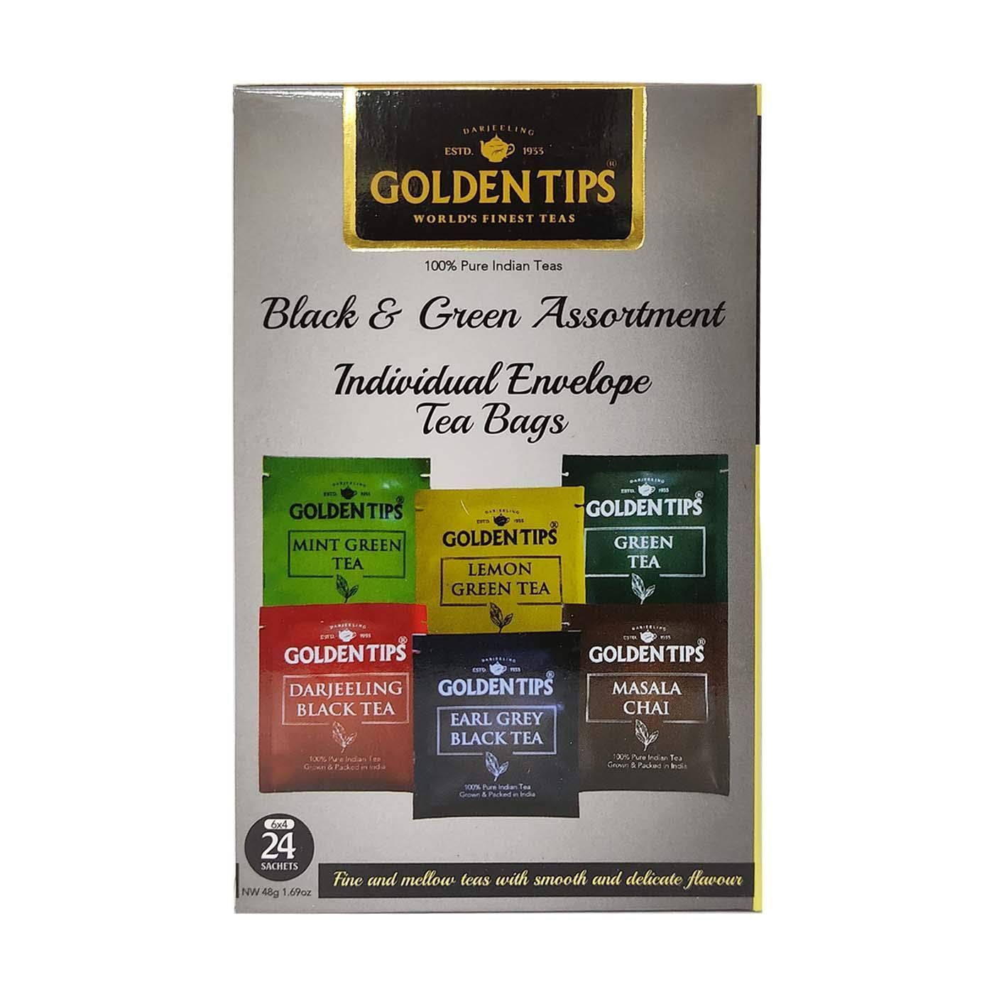 Golden Tips Healthy/Natural and Organic Black and Green Assortment Individual Envelope Tea Bags (48 Gram, 24 Tea Bag)