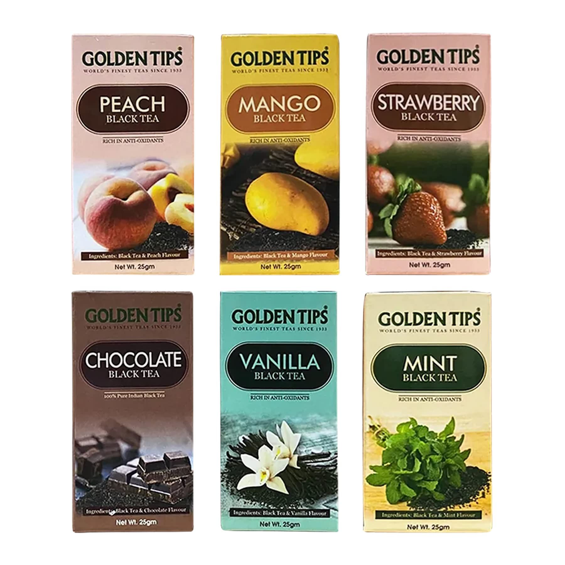 Golden Tips Unique Ensemble of Six Different Flavored Black Teas Gift Box (150 Gram-75 Cups)