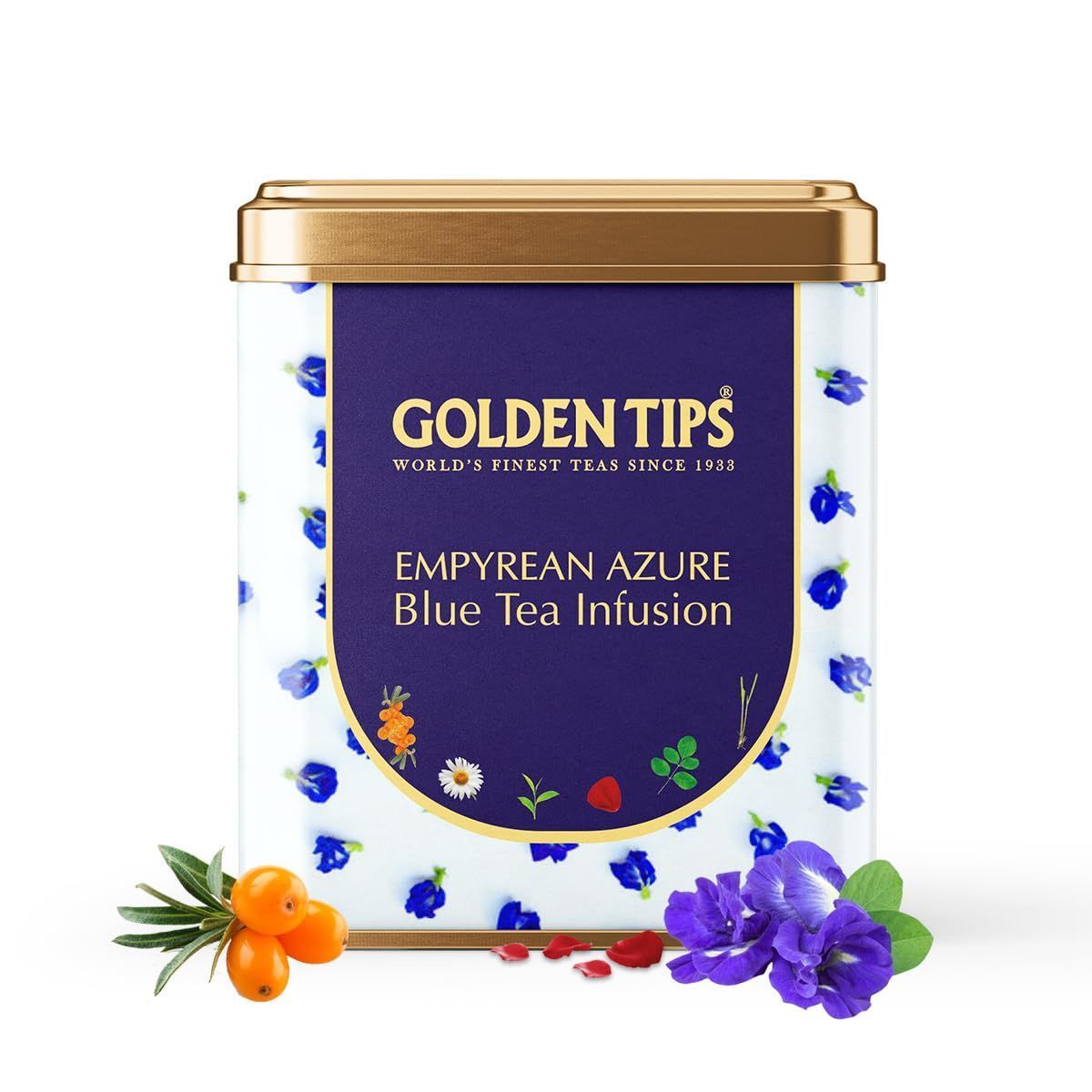 Golden Tips Tea Empyrean Azure - Herbal Tea Infusion- Tin Can (100gm - 50 cups) Low Caffine- Herbals for Detox, Sleep & Skin