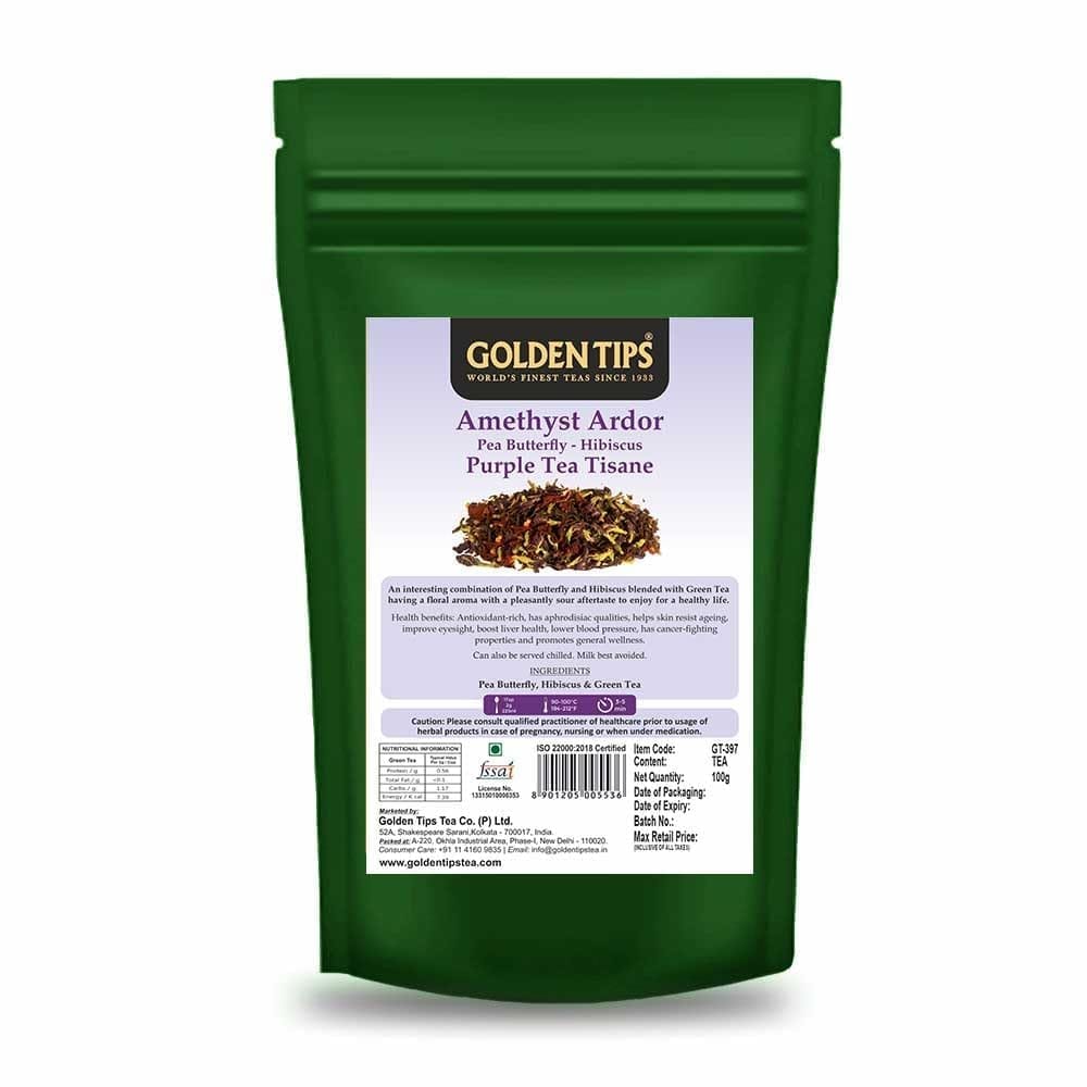 Golden Tips Blue Pea & Hibiscus Green Tea, Antioxidant-Rich Detox Tea, Floral & Refreshing Herbal Infusion, No Milk Needed, Enjoy Hot or Iced (100 Gram, 50 Cups)