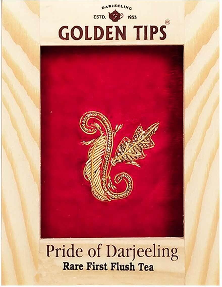 Golden Tips Healthy/Natural and Organic Rare First Flush Darjeeling Tea with Zardosi Work on Velvet Pouch in Pinewood Box (100 Gram, 50 Cups)