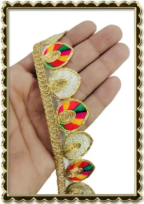 Elegant Embroidered Lace Border Trimming, Multi-Color Thread & Gold Zari, 3.3cm Width, 9m Length, for Sarees, Dresses, Blouses, Home Decor