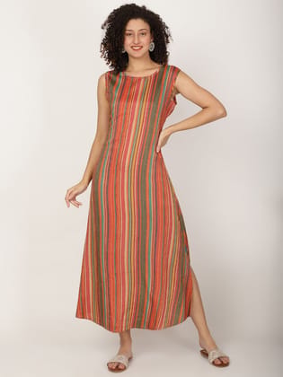 Striped Sleeveless Cotton A-line Kurta