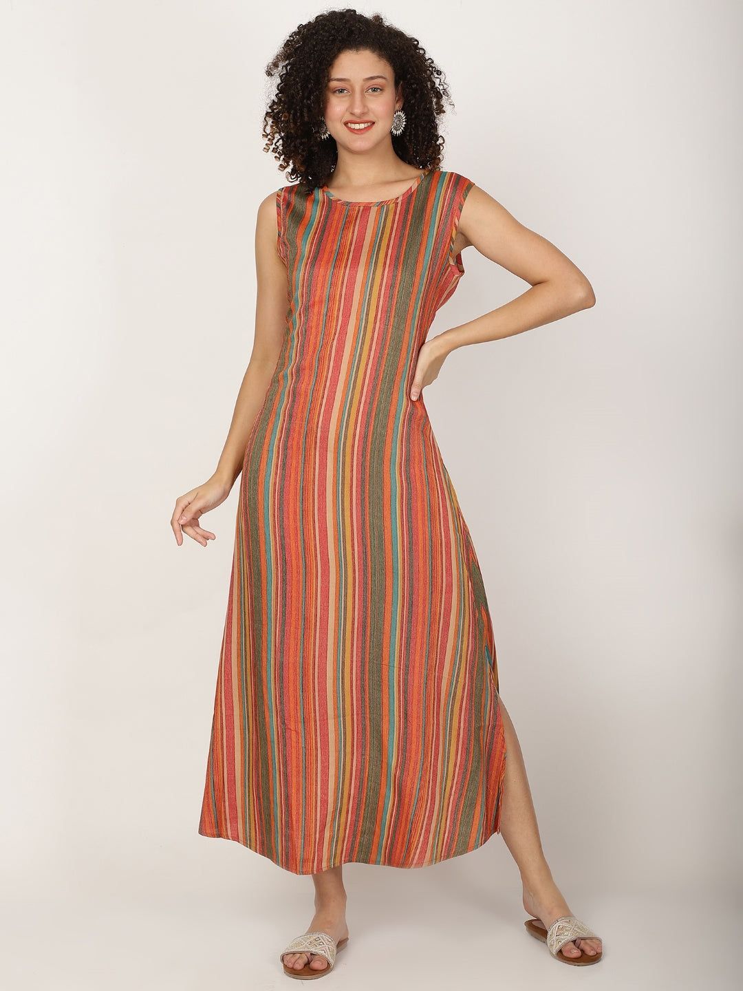 Striped Sleeveless Cotton A-line Kurta